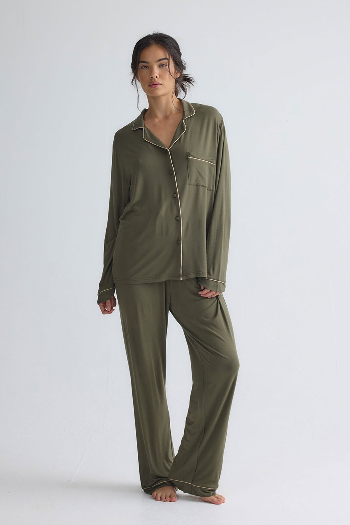 Bamboo New Classic Long Pyjama Set In Olive
