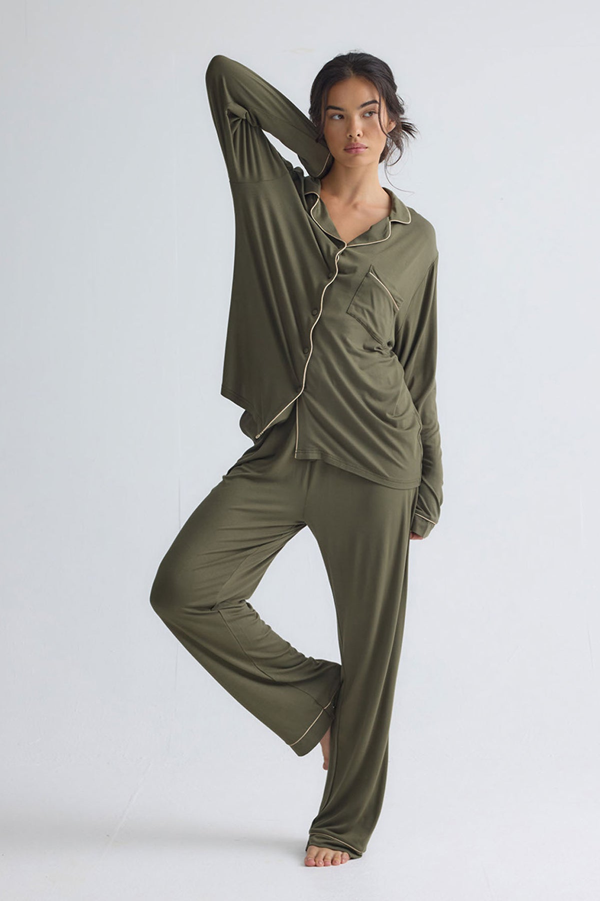 Bamboo New Classic Long Pyjama Set In Olive