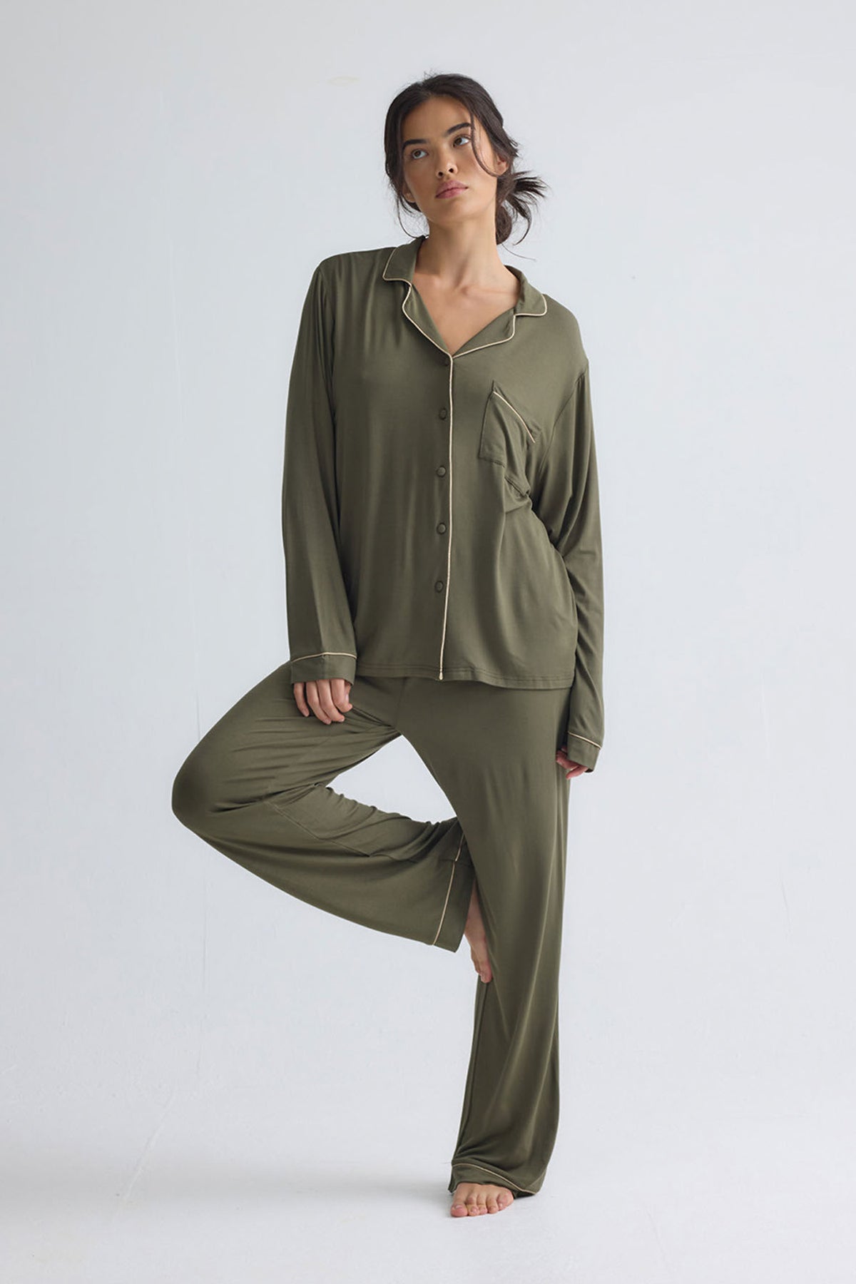 Bamboo New Classic Long Pyjama Set In Olive