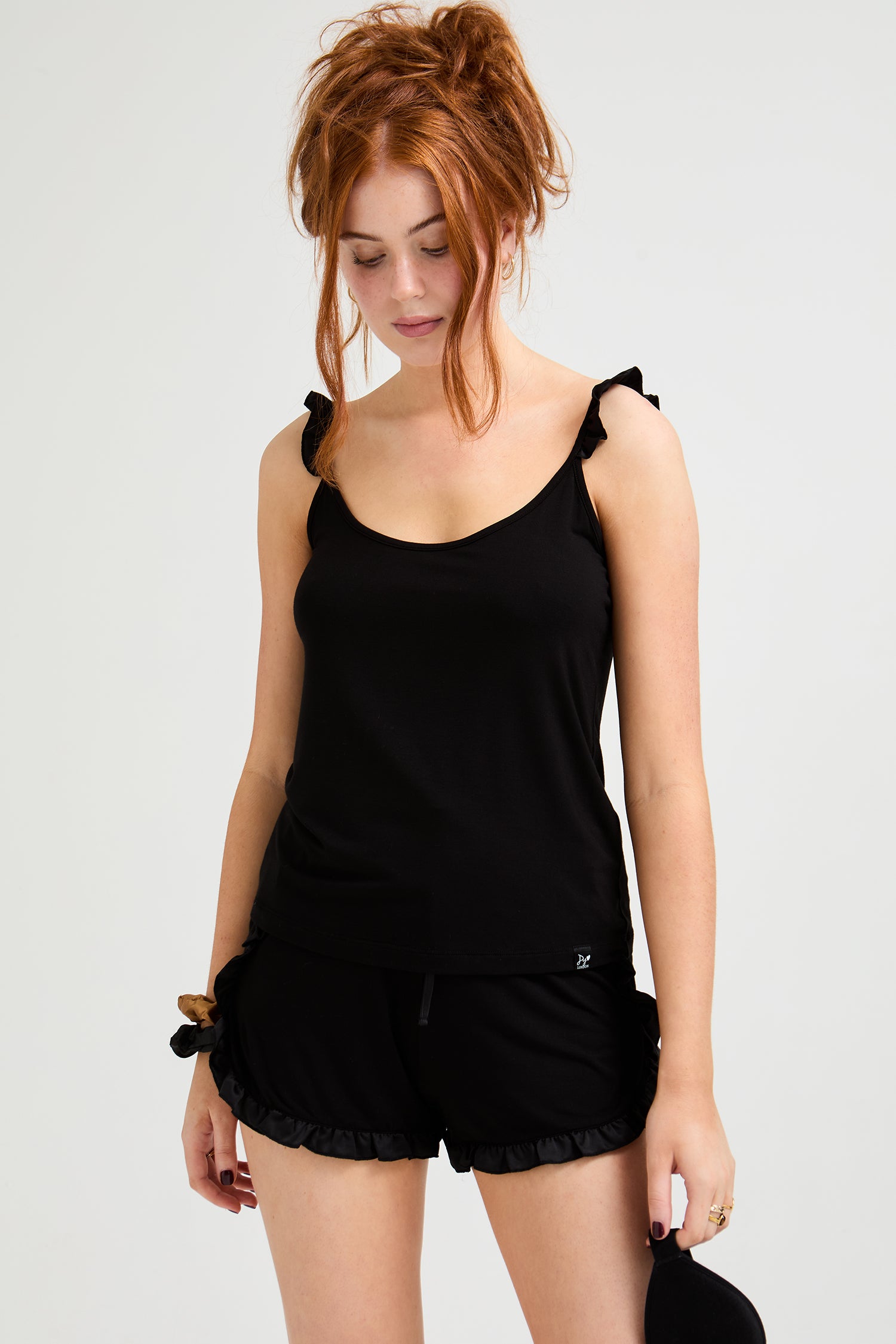 Bamboo Frill Cami Short Pyjama Set in Black