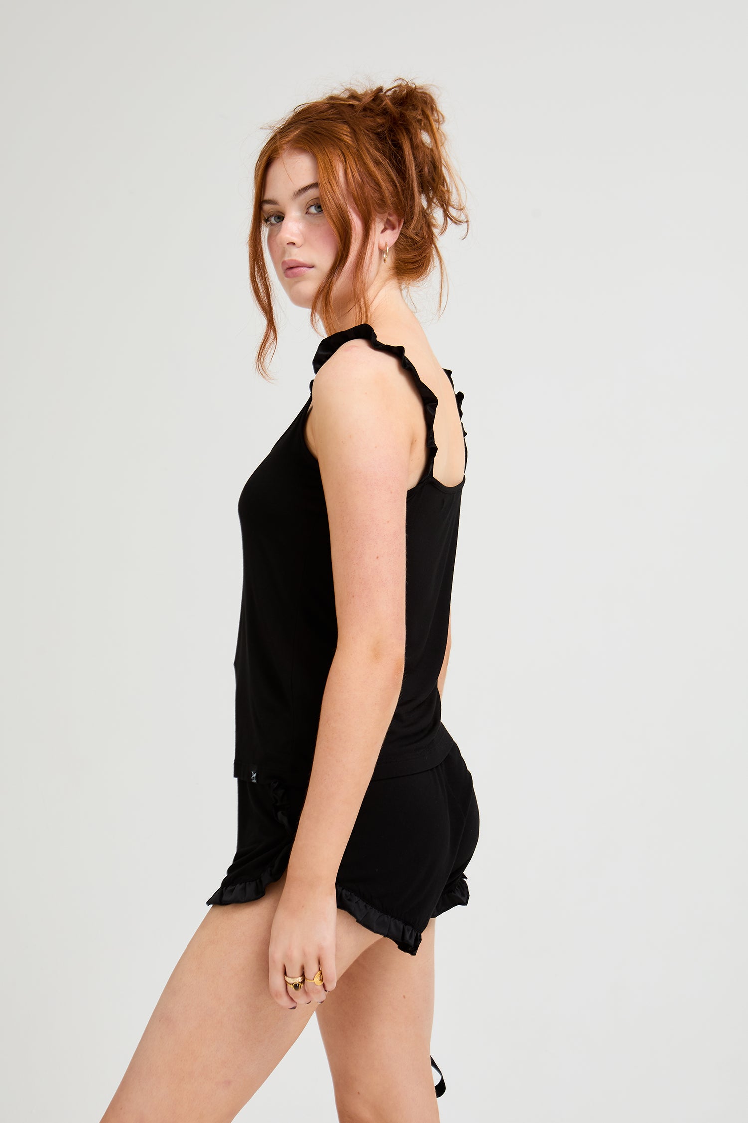 Bamboo Frill Cami Short Pyjama Set in Black - Wholesale - Pajamas