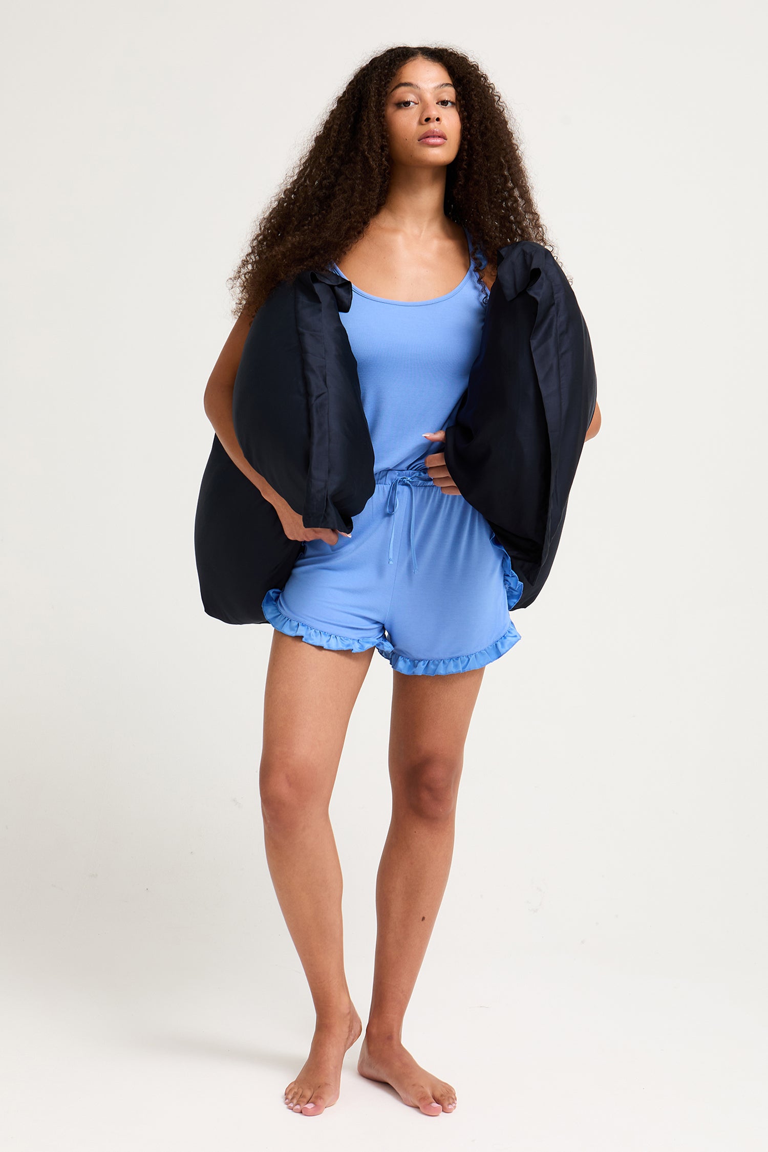 Bamboo Frill Cami Short Pyjama Set in Cornflower Blue
