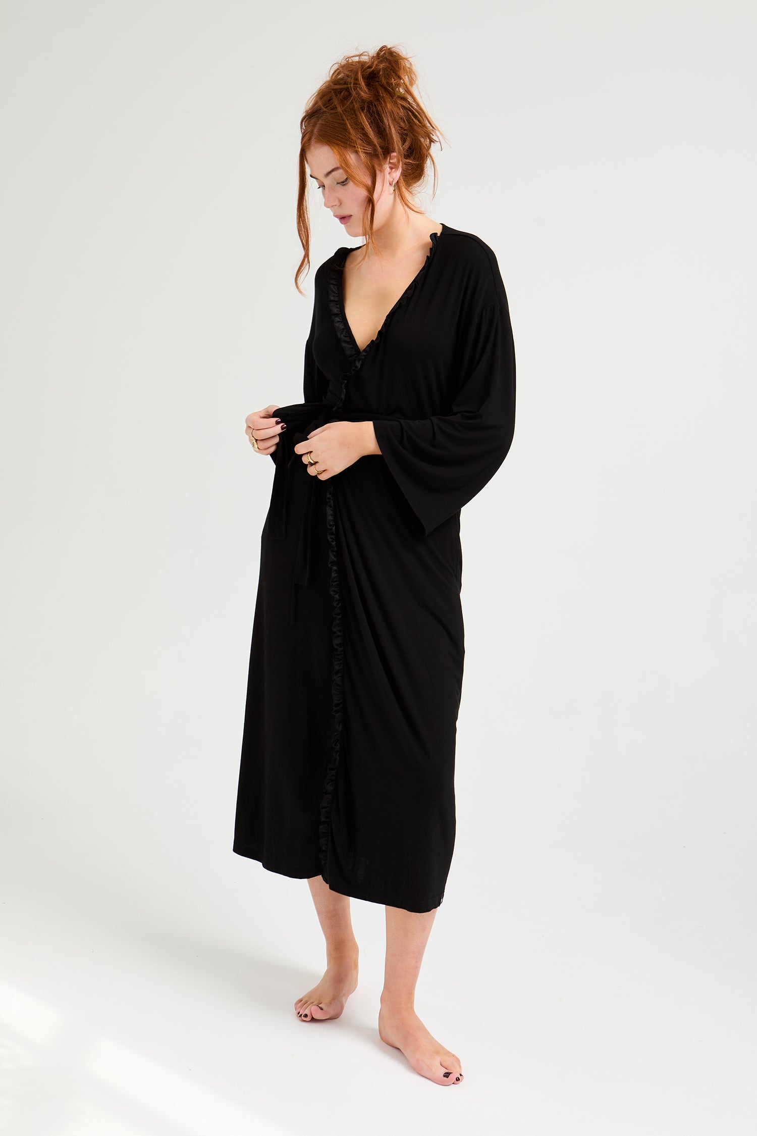 Bamboo Frill Kimono in Black - Wholesale - Robes