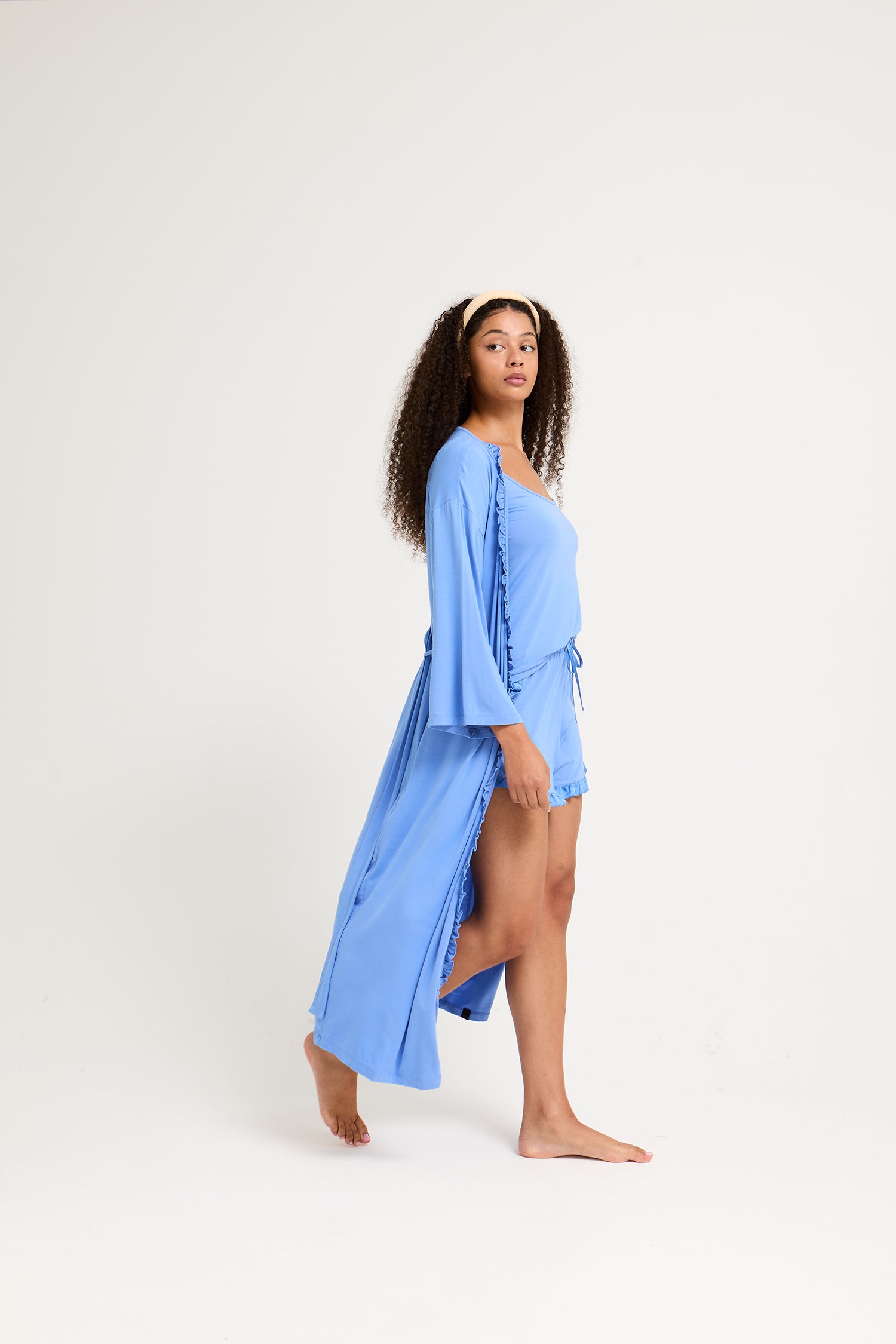 Bamboo Frill Kimono in Cornflower Blue - Wholesale - Robes