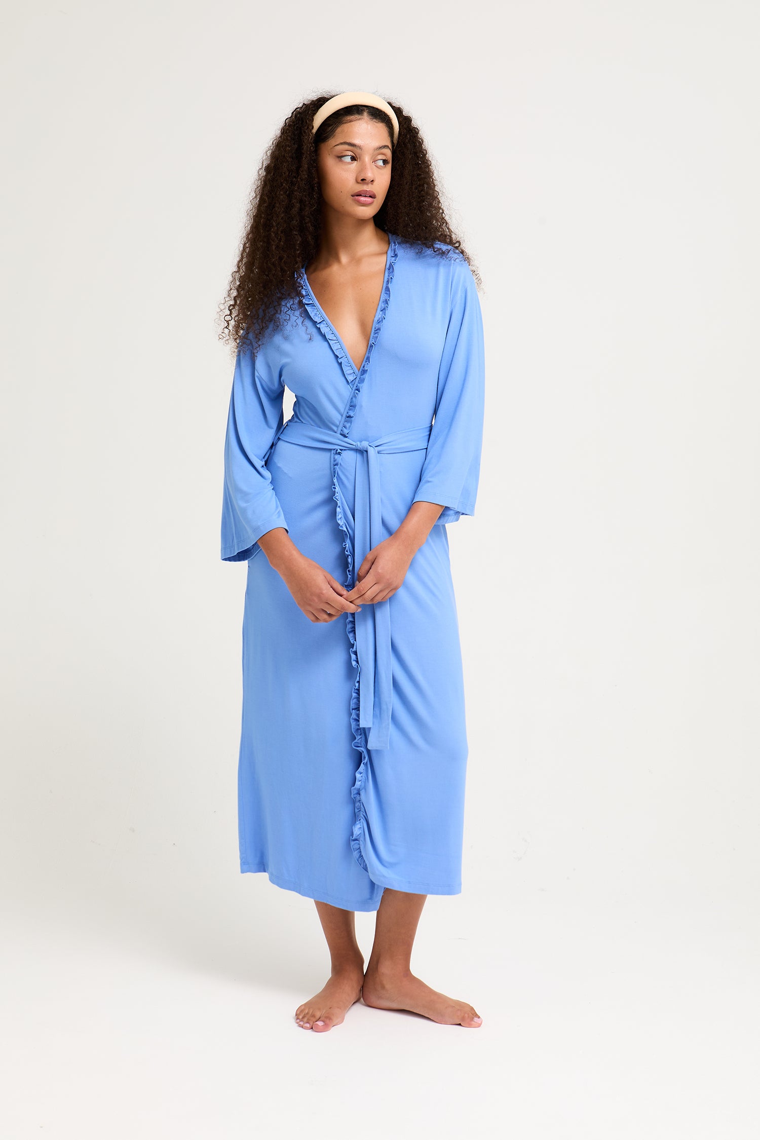 Bamboo Frill Kimono in Cornflower Blue - Wholesale - Robes