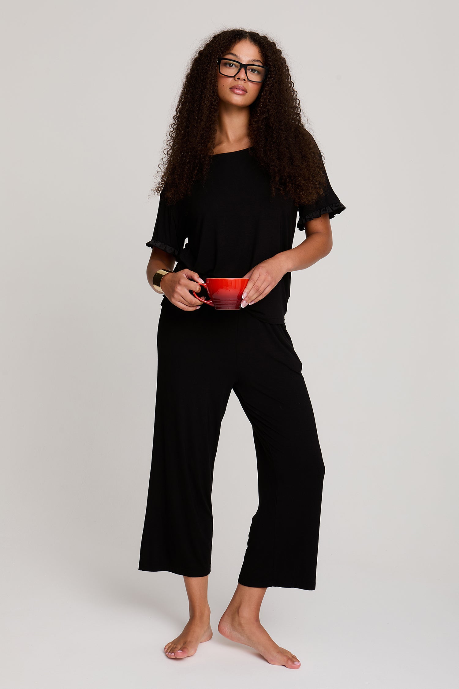 Bamboo Frill Tee Trouser Set in Black - Pajamas