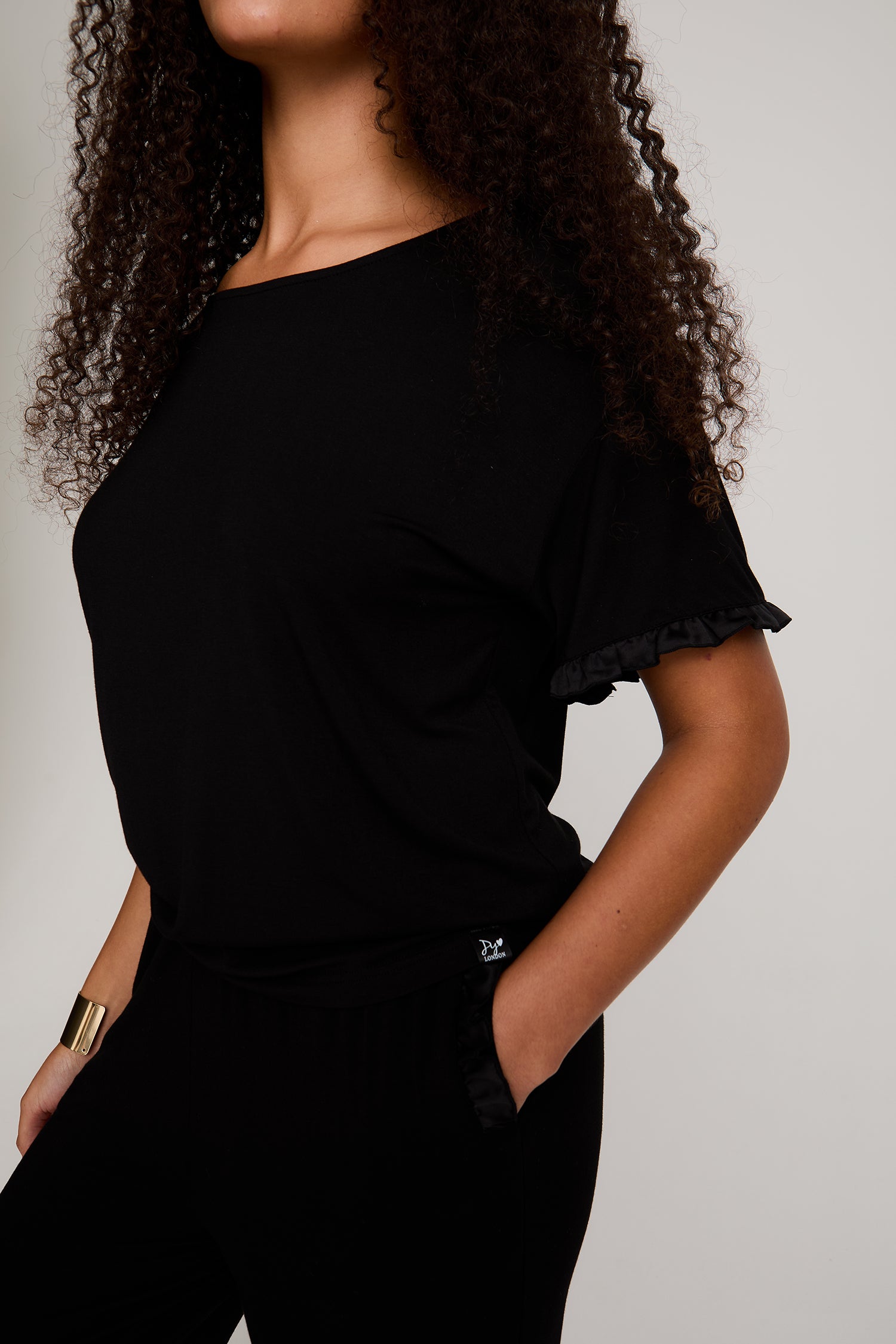 Bamboo Frill Tee Trouser Set in Black - Pajamas