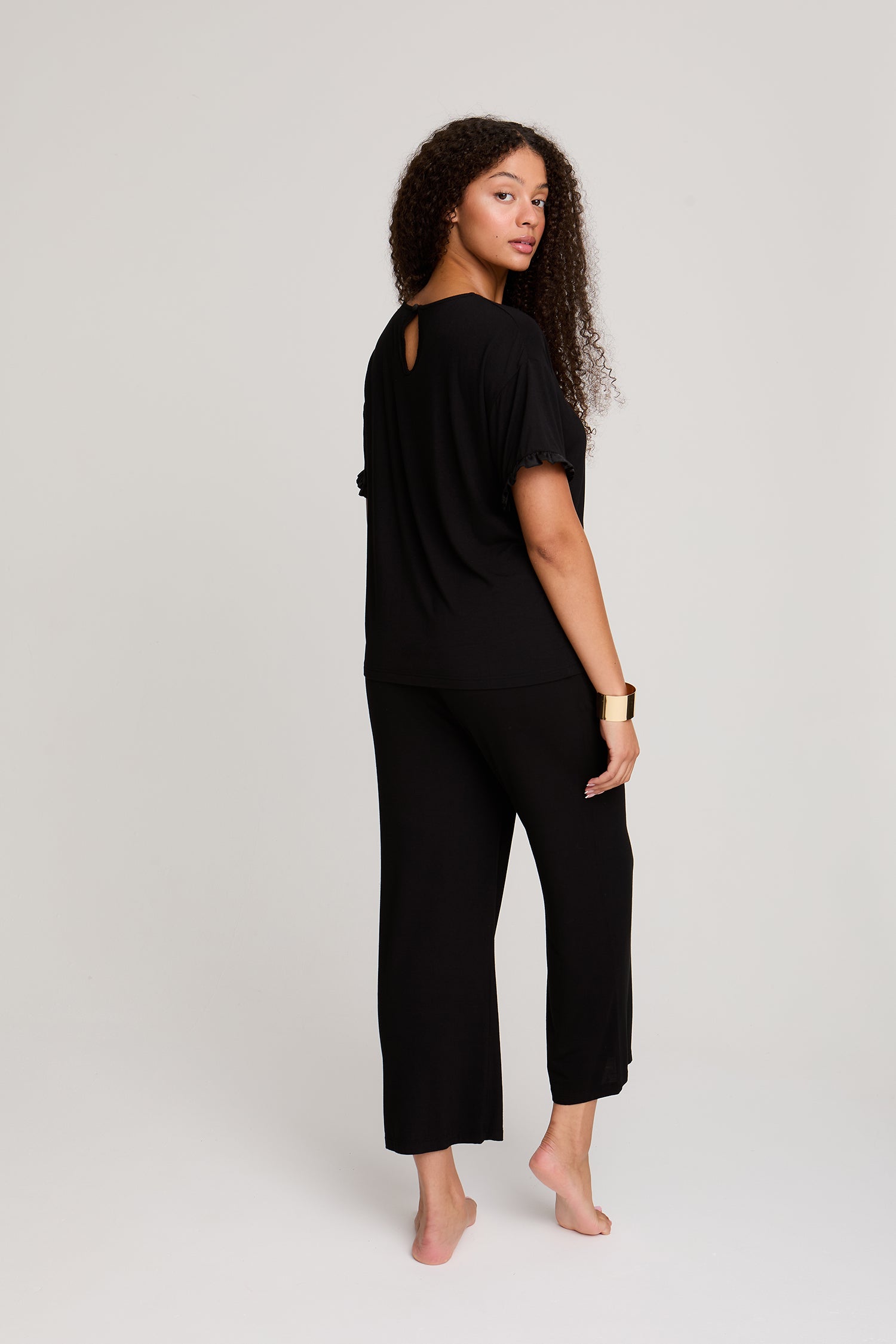 Bamboo Frill Tee Trouser Set in Black - Pajamas