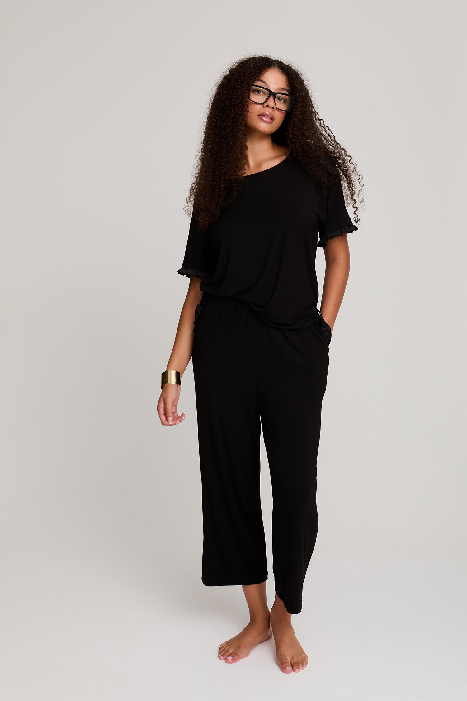 Bamboo Frill Tee Trouser Set in Black - Pajamas