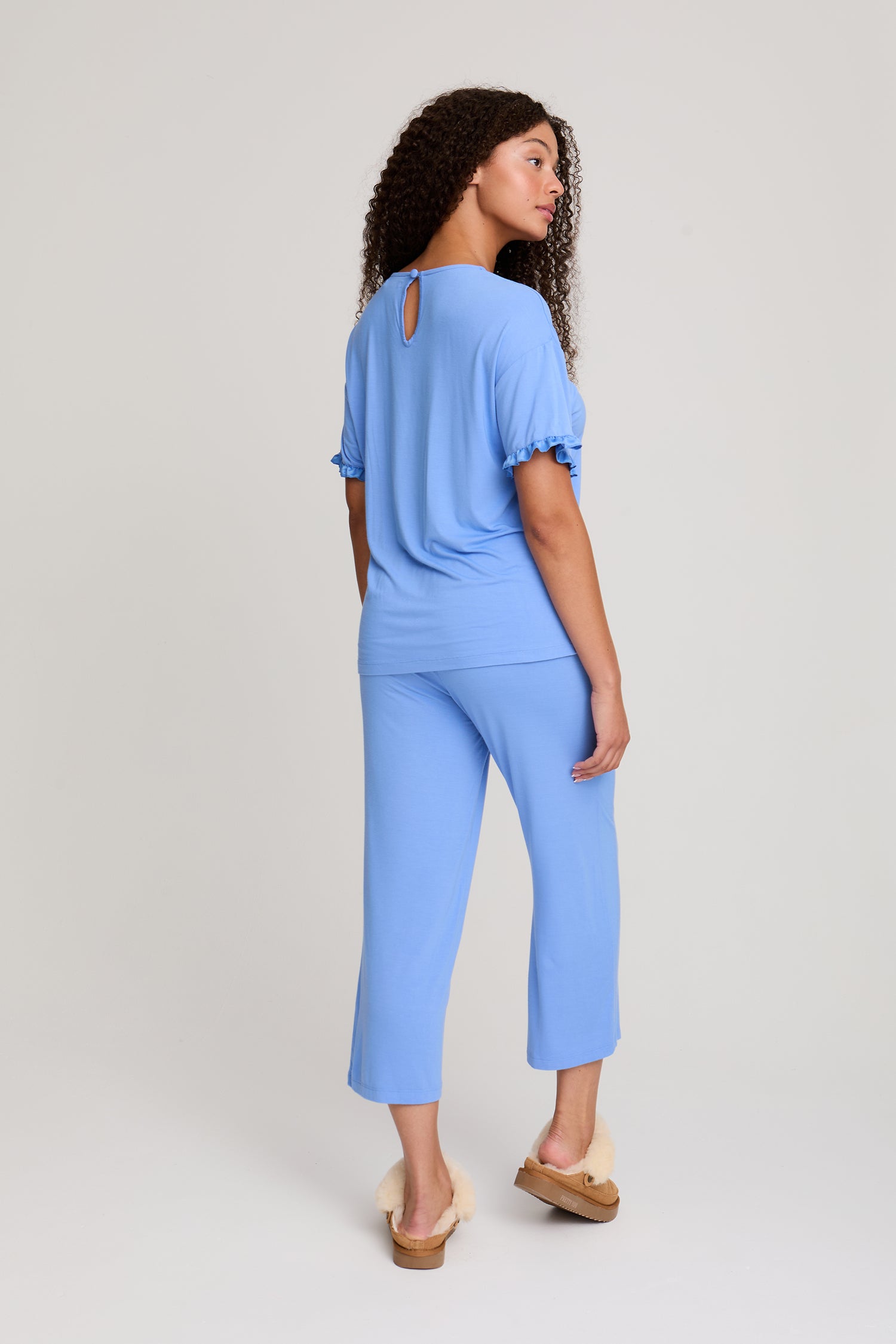Bamboo Frill Tee Trouser Set in Cornflower Blue - Pajamas