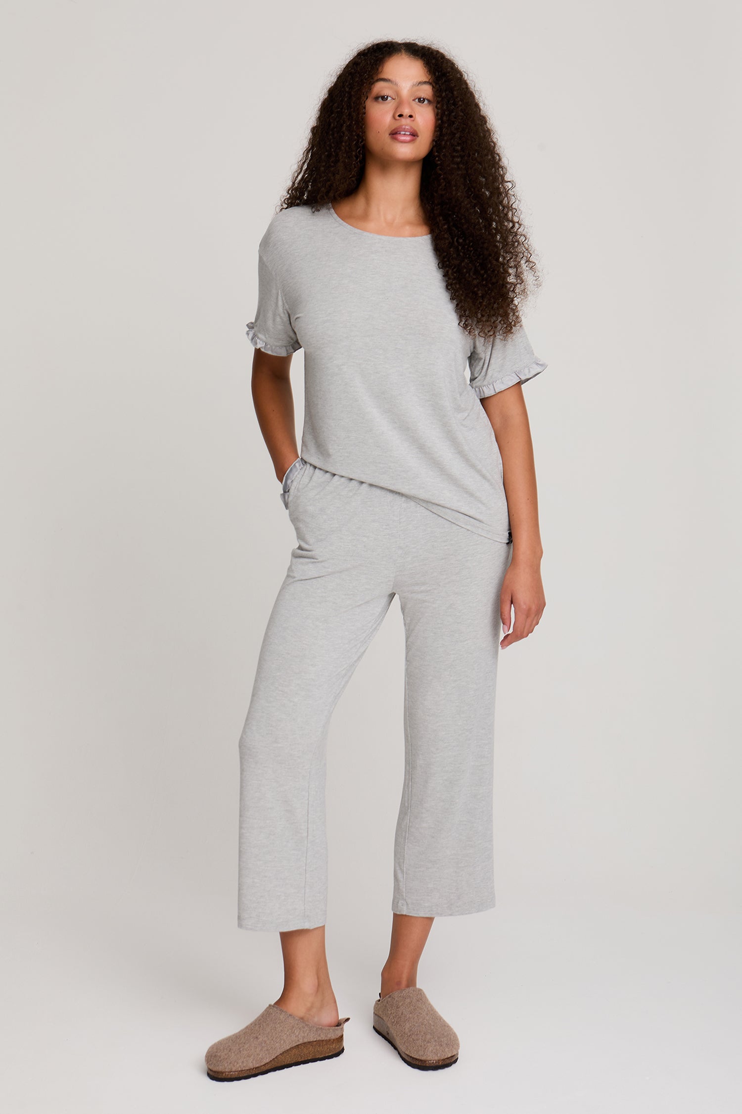 Bamboo Frill Tee Trouser Set in Grey Marl