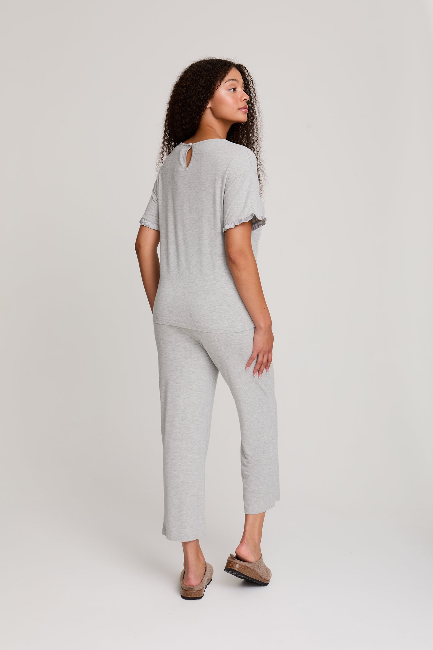 Bamboo Frill Tee Trouser Set in Grey Marl - Pajamas