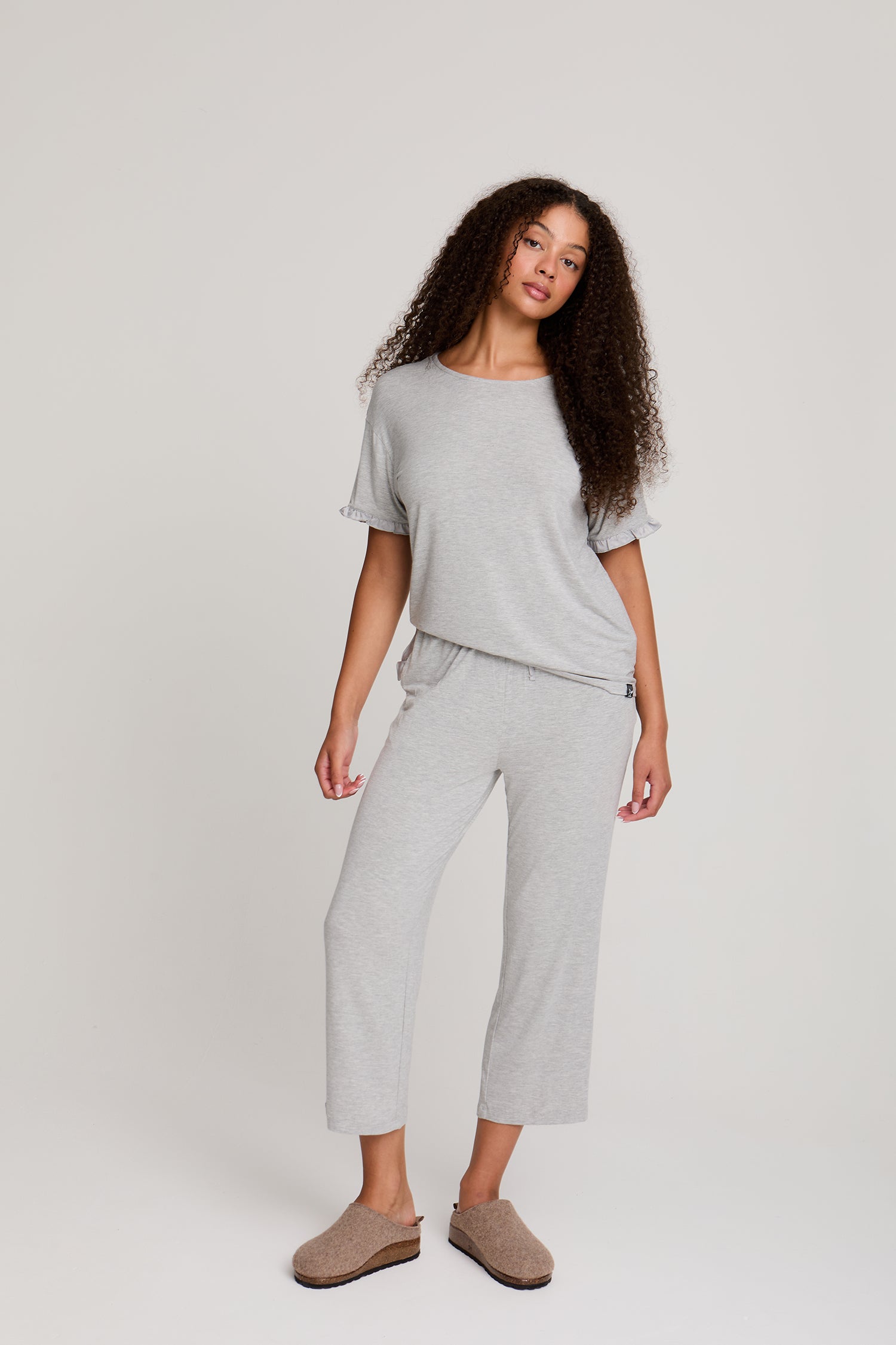 Bamboo Frill Tee Trouser Set in Grey Marl - Pajamas