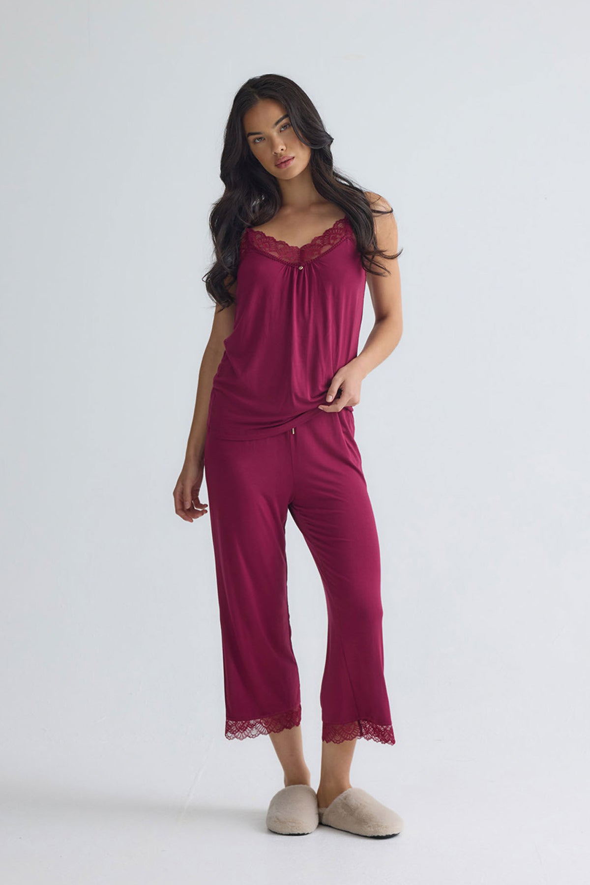Bamboo Lace Cami Cropped Trouser Pyjama Set in Bordeaux