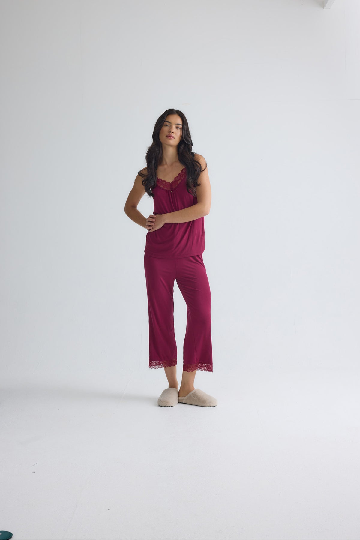 Bamboo Lace Cami Cropped Trouser Pyjama Set in Bordeaux
