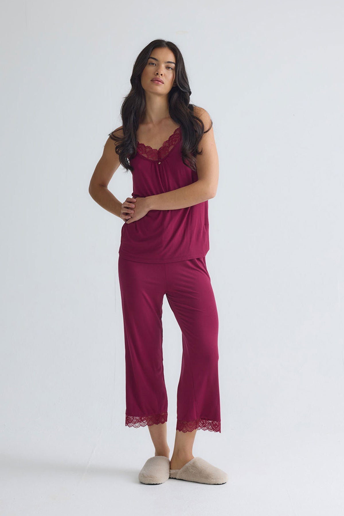 Bamboo Lace Cami Cropped Trouser Pyjama Set in Bordeaux