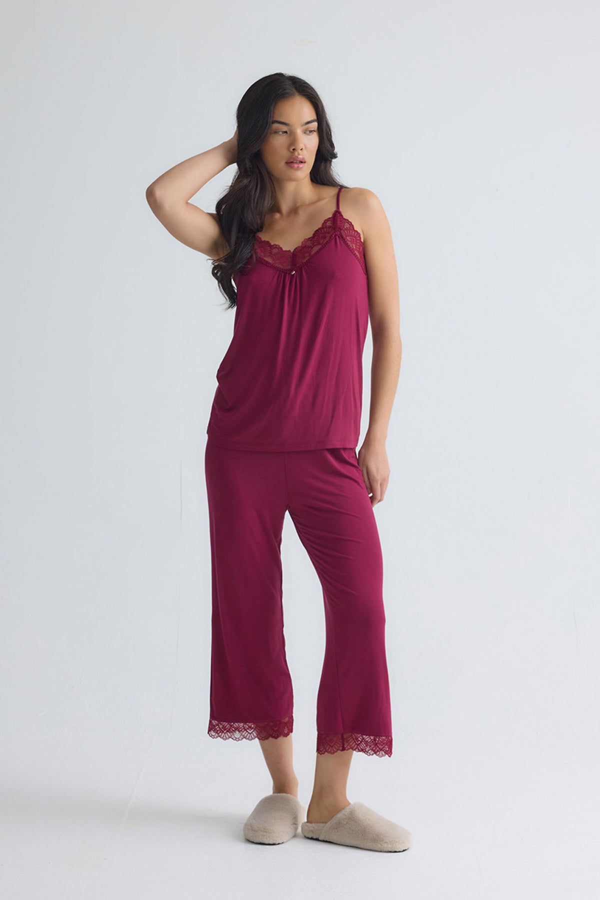 Bamboo Lace Cami Cropped Trouser Pyjama Set in Bordeaux