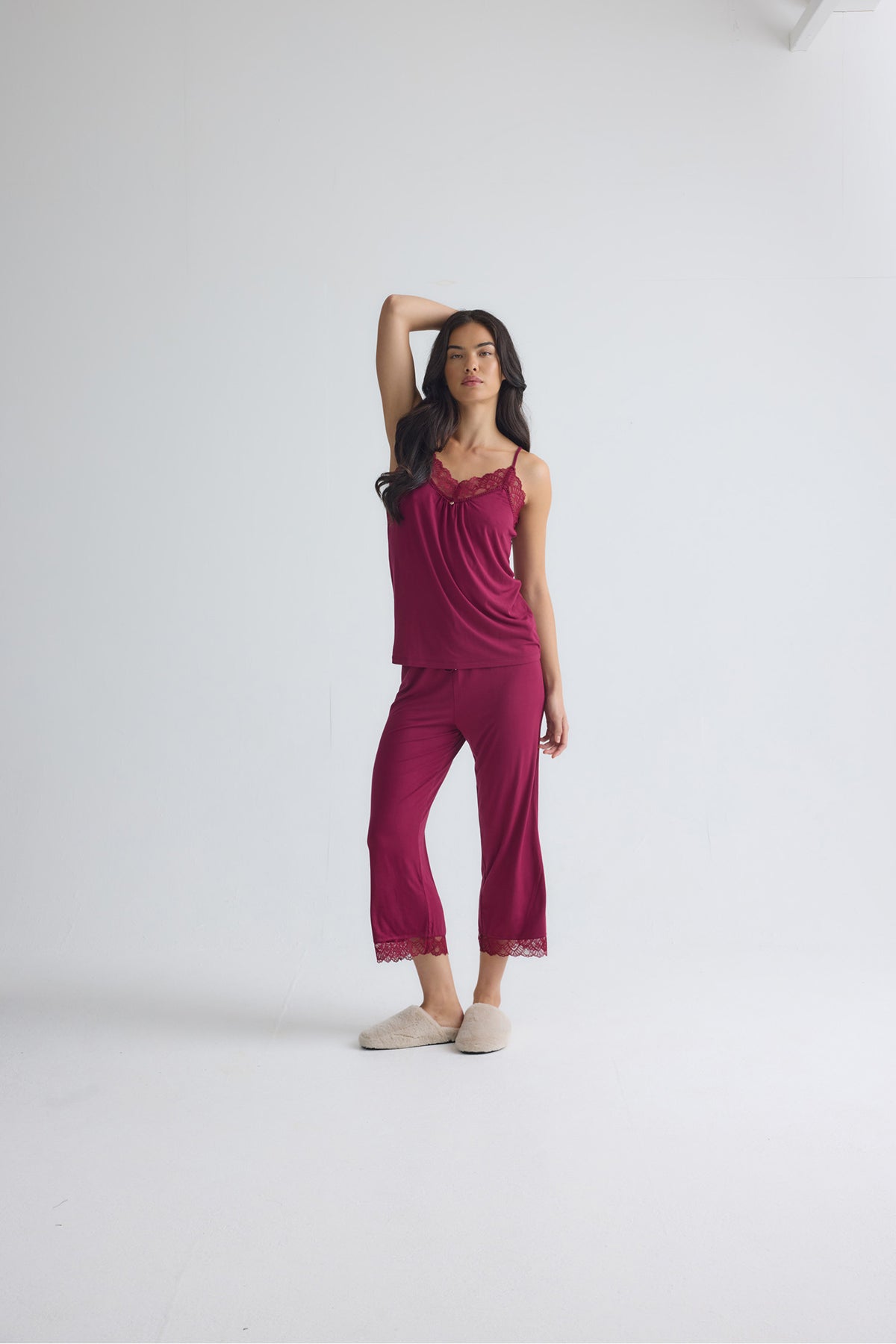 Bamboo Lace Cami Cropped Trouser Pyjama Set in Bordeaux