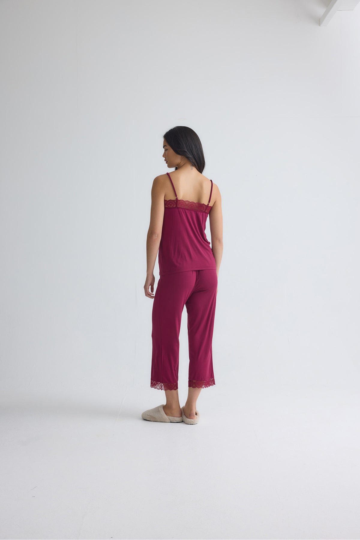 Bamboo Lace Cami Cropped Trouser Pyjama Set in Bordeaux