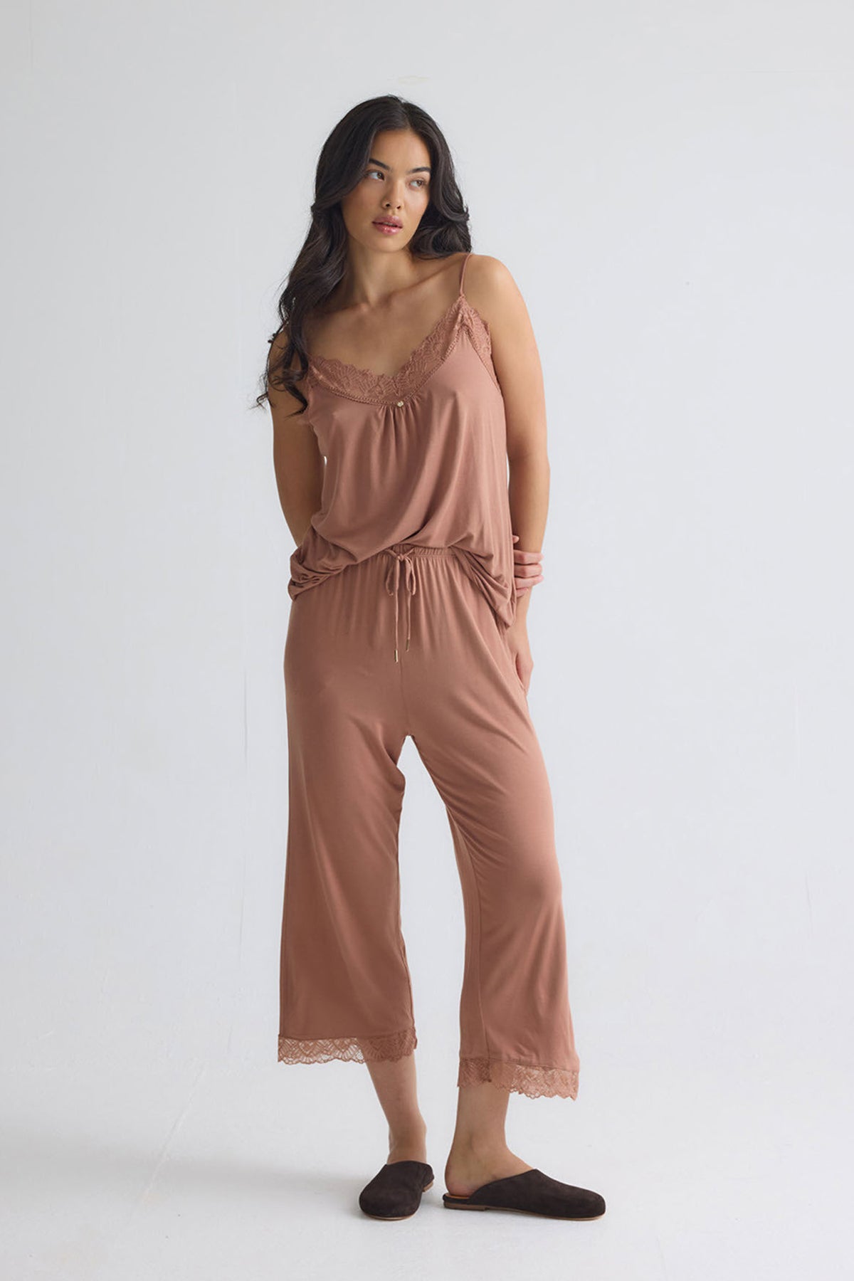 Bamboo Lace Cami Cropped Trouser Pyjama Set in Mocha