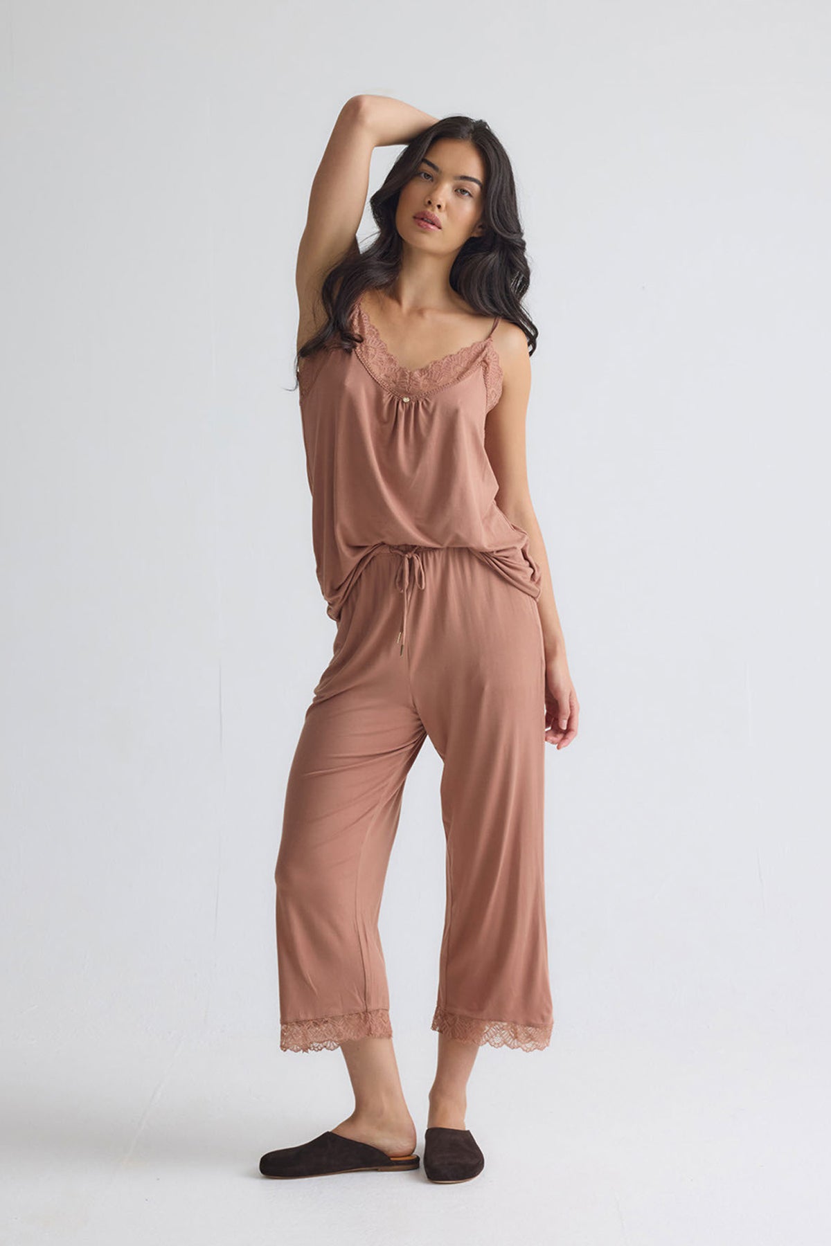 Bamboo Lace Cami Cropped Trouser Pyjama Set in Mocha