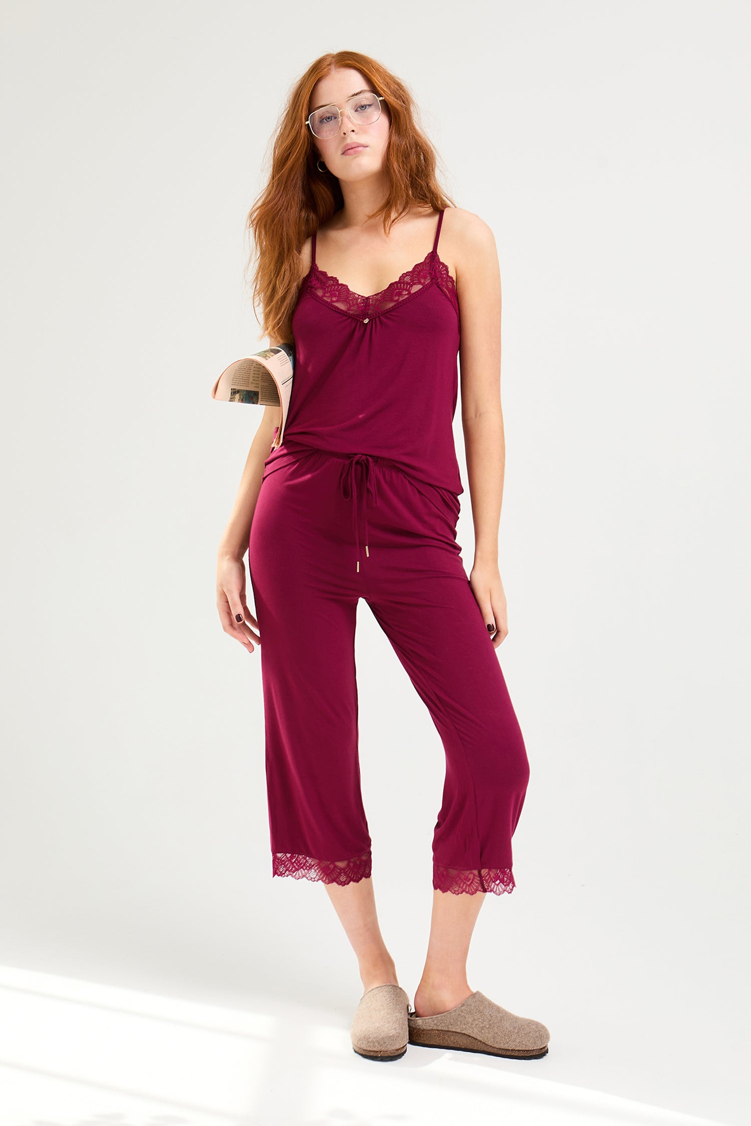 Bamboo Lace Cami Cropped Trouser Pyjama Set in Bordeaux