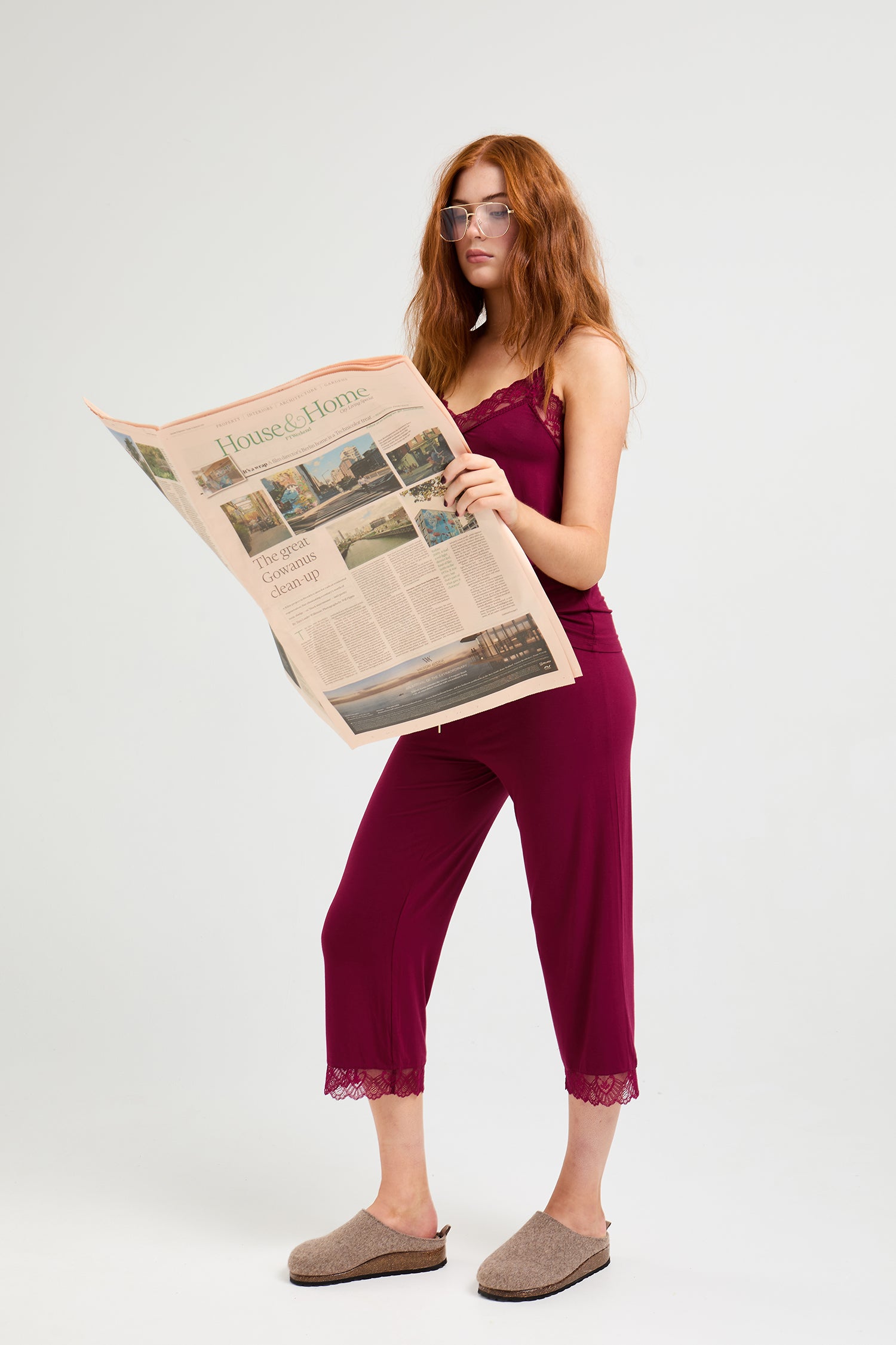 Bamboo Lace Cami Cropped Trouser Pajama Set in Bordeaux