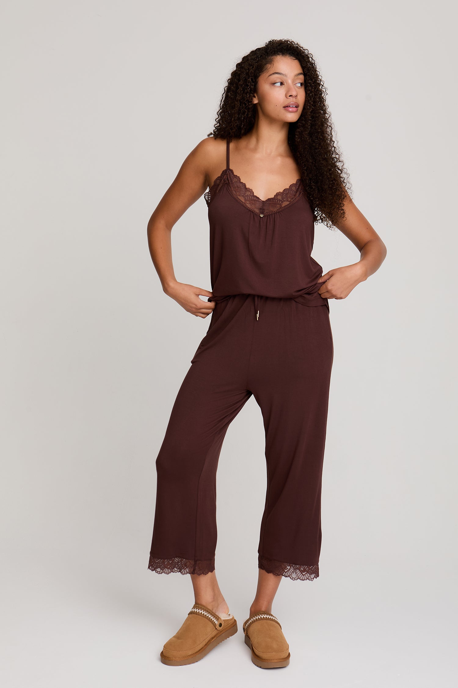 Bamboo Lace Cami Cropped Trouser Pyjama Set in Chocolate
