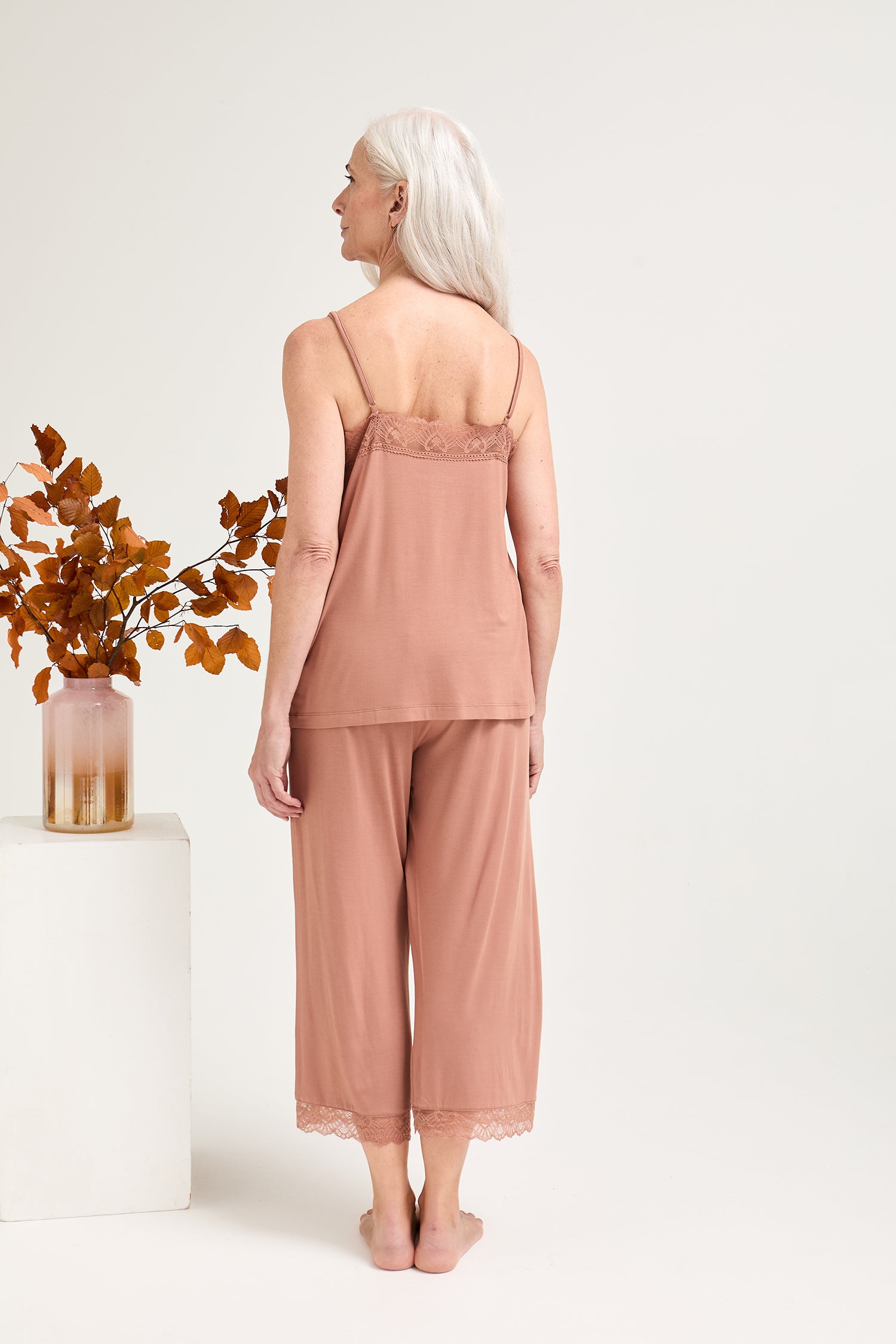 Bamboo Lace Cami Cropped Trouser Pyjama Set in Mocha - Pajamas