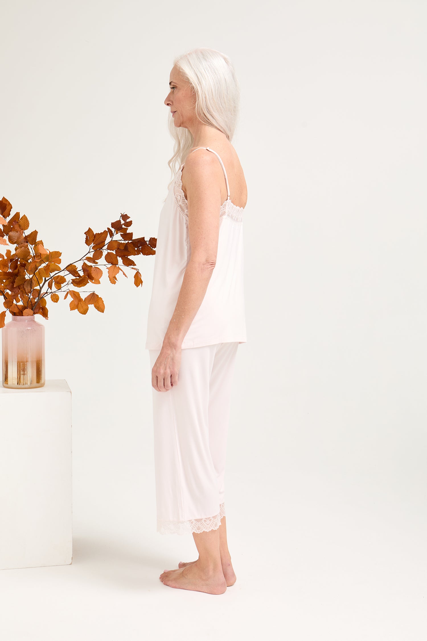 Bamboo Lace Cami Cropped Trouser Pyjama Set in Powder Puff