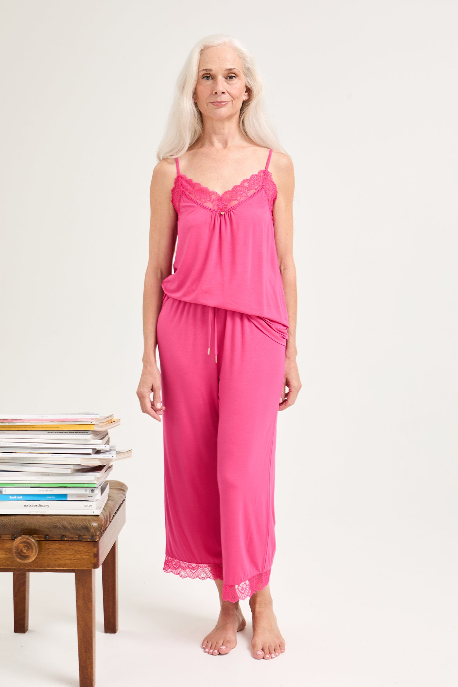 Bamboo Lace Cami Cropped Trouser Pyjama Set in Raspberry