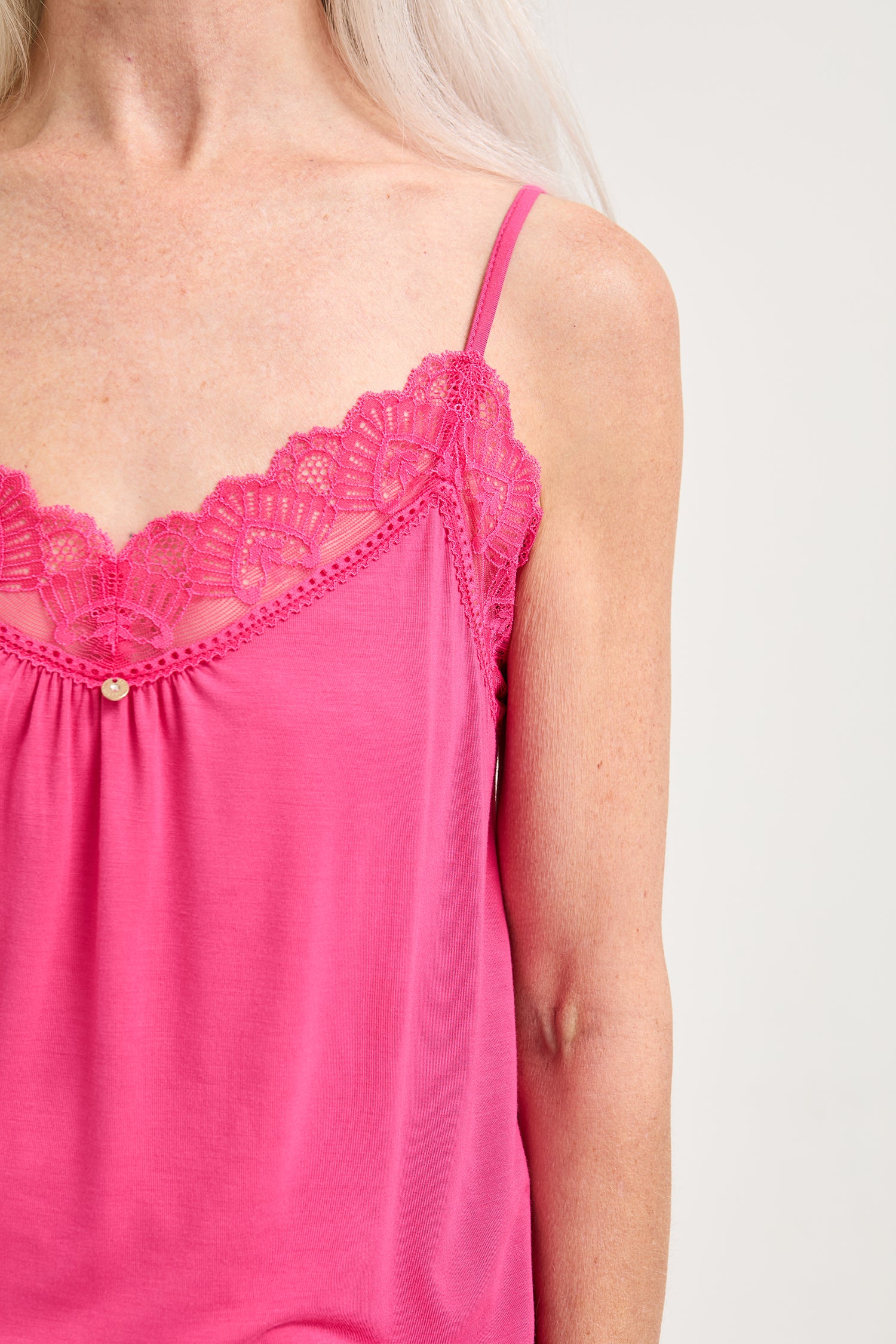 Bamboo Lace Cami Cropped Trouser Pyjama Set in Raspberry