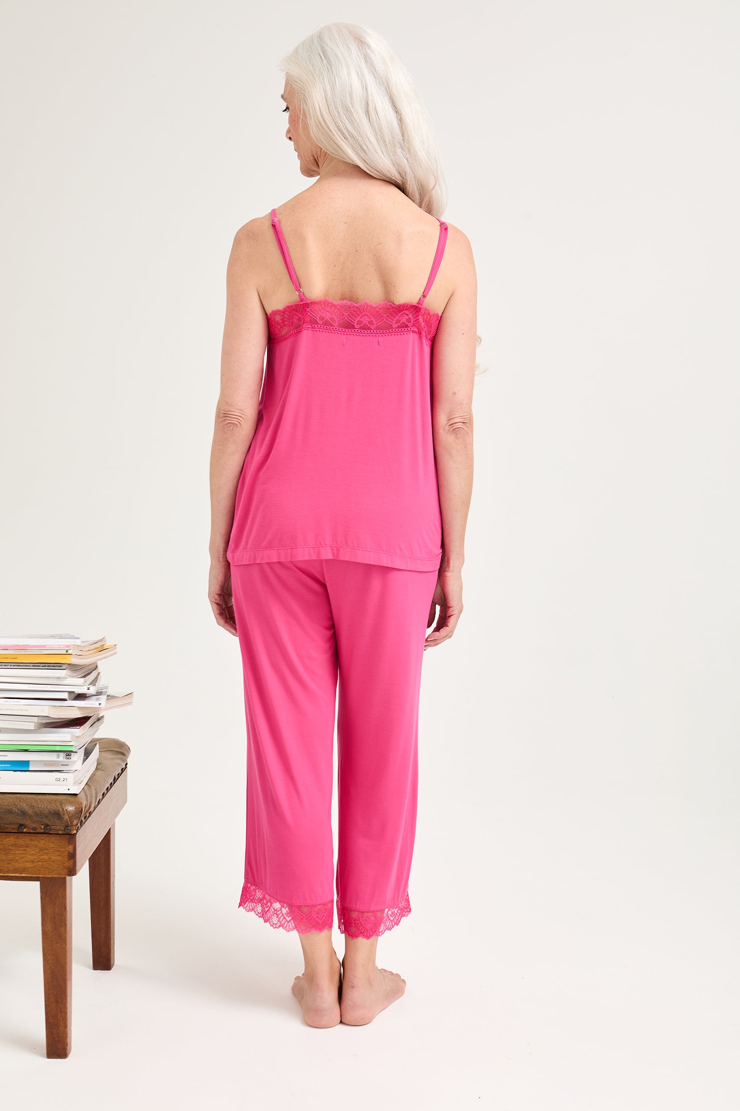Bamboo Lace Cami Cropped Trouser Pyjama Set in Raspberry