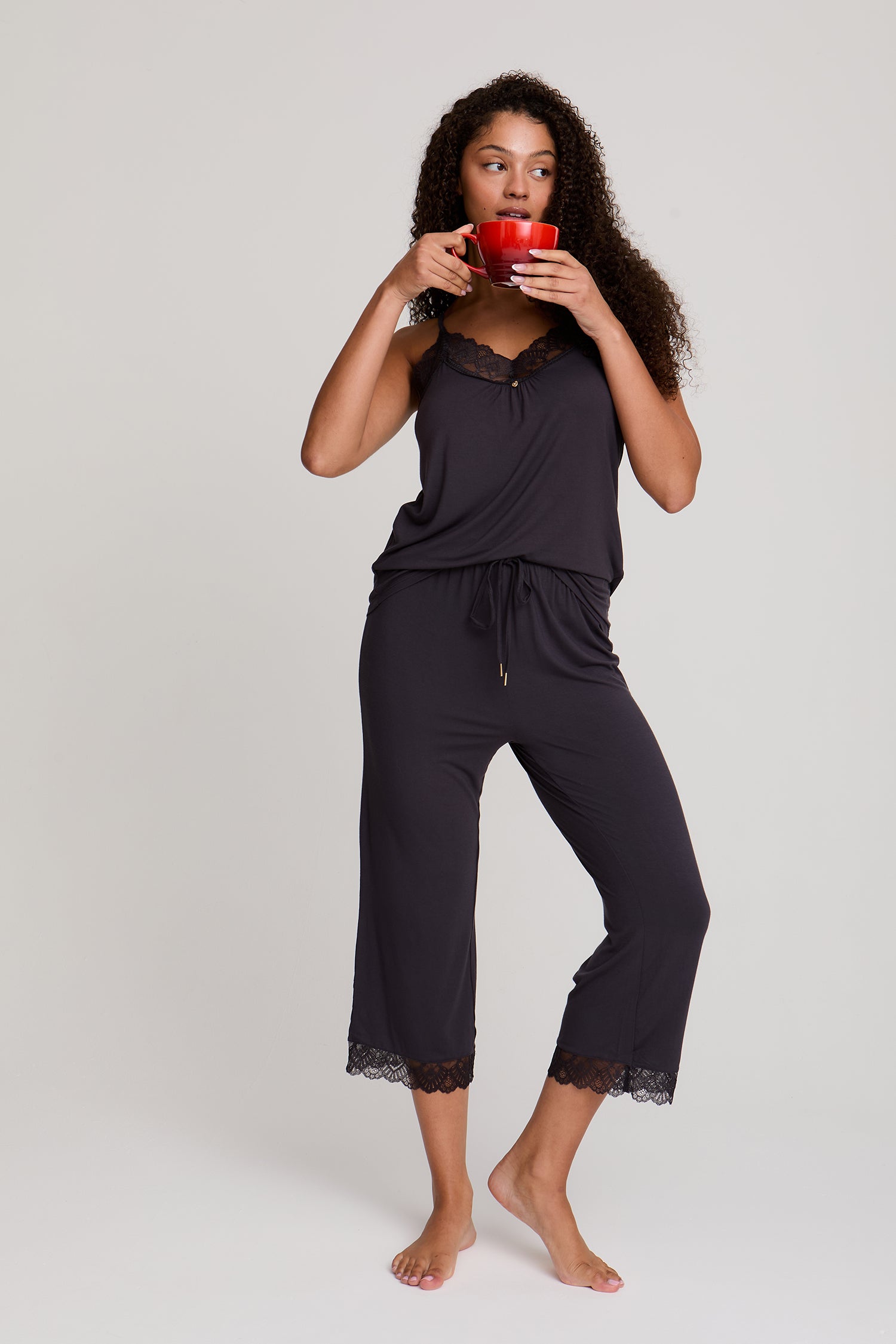 Bamboo Lace Cami Cropped Trouser Pyjama Set in Raven