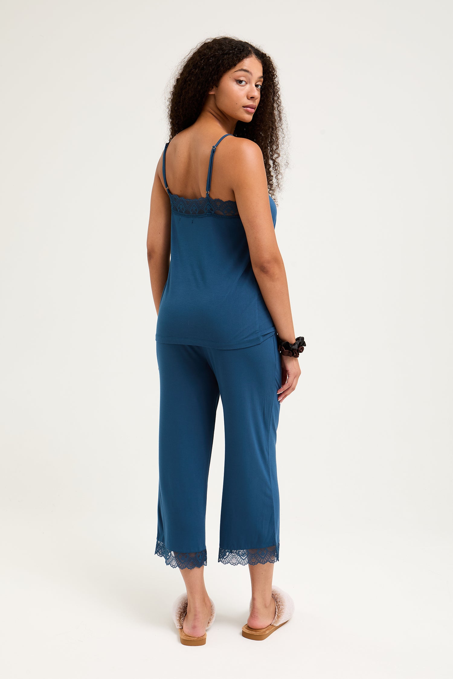Bamboo Lace Cami Cropped Trouser Pyjama Set in Teal - Pajamas
