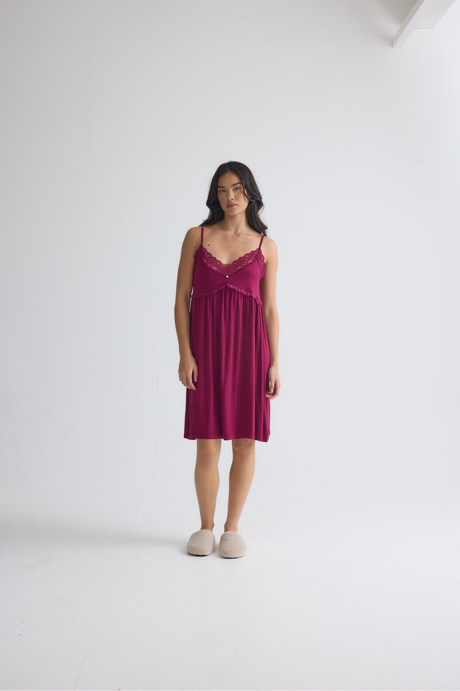 Bamboo Lace Chemise Nightdress in Bordeaux