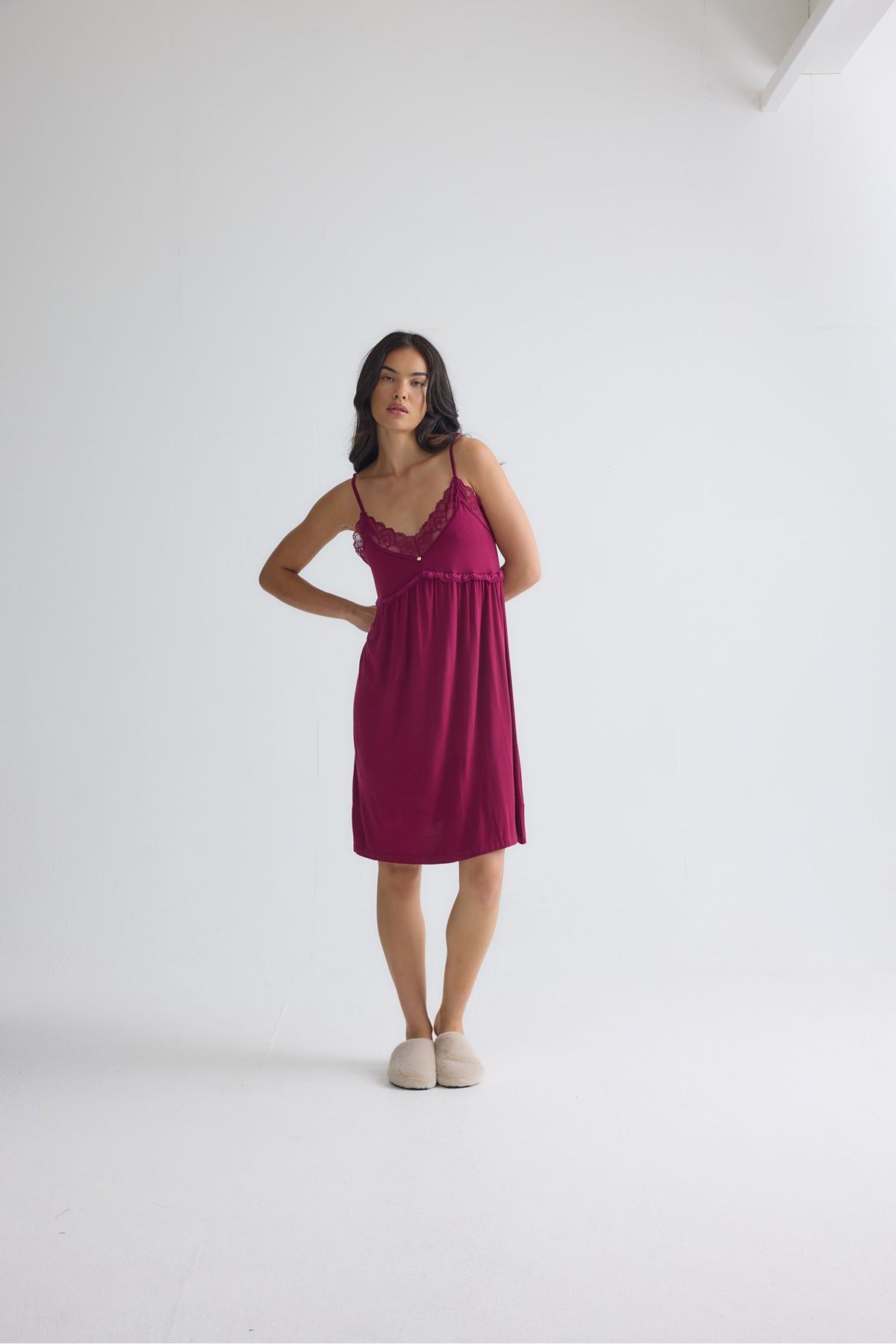 Bamboo Lace Chemise Nightdress in Bordeaux