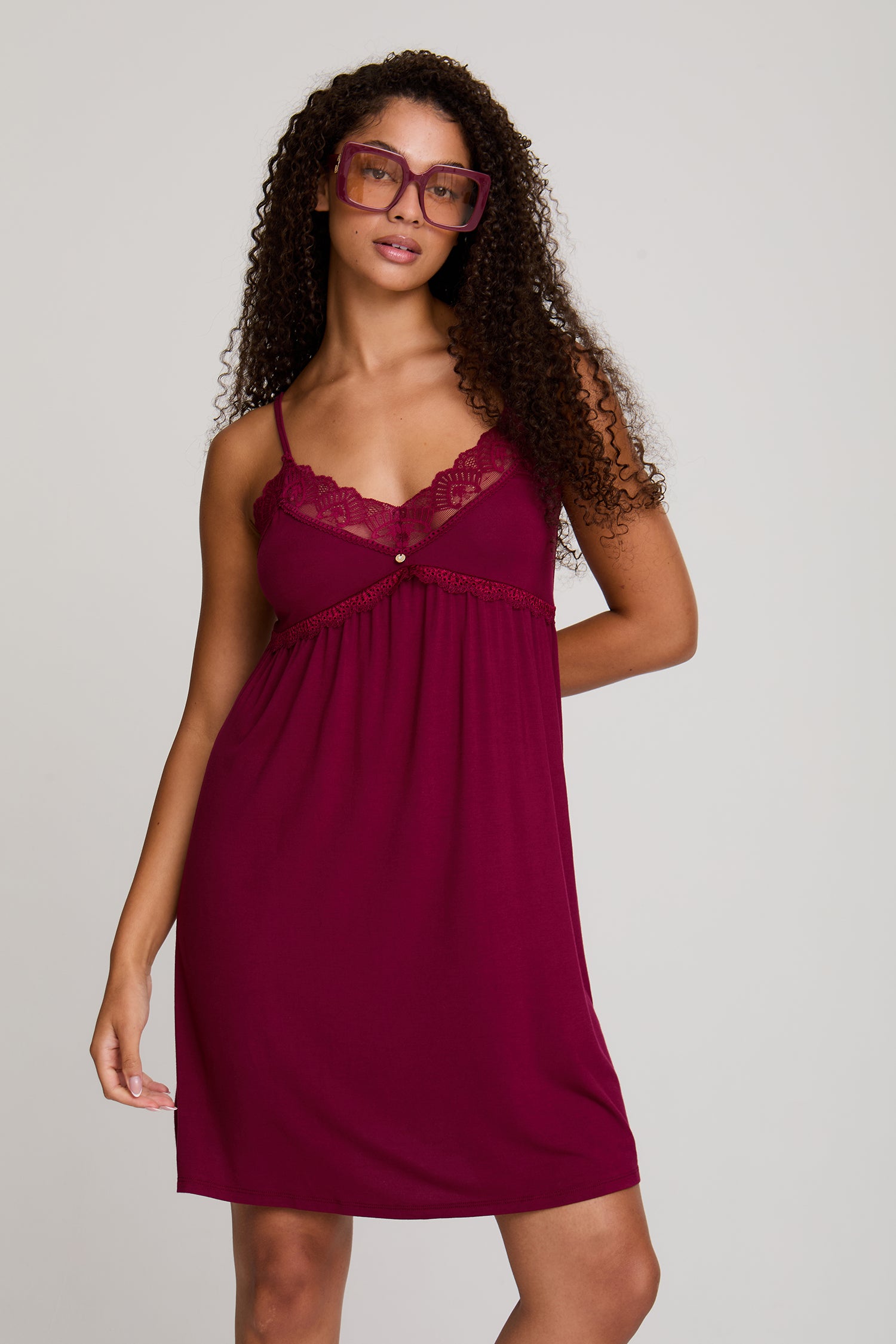 Bamboo Lace Chemise Nightdress in Bordeaux - Wholesale - Nightgowns