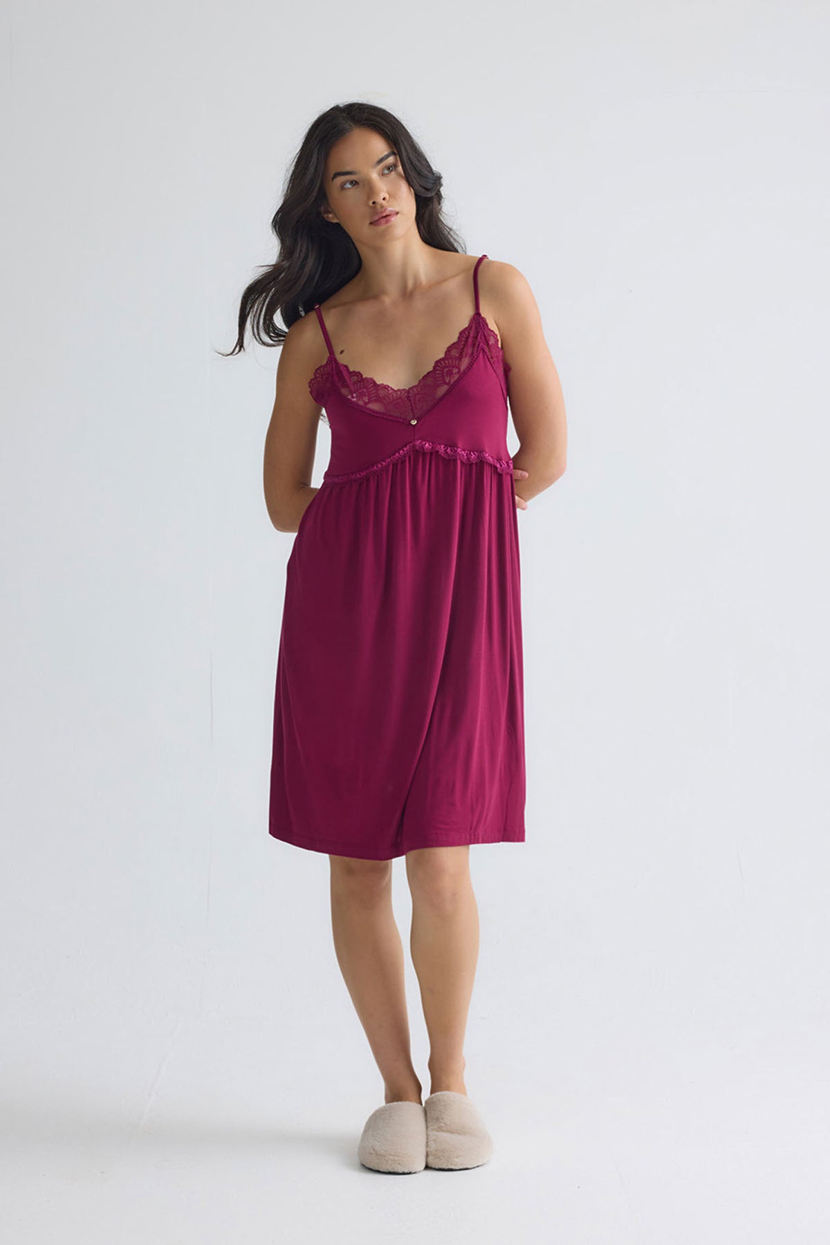Bamboo Lace Chemise Nightdress in Bordeaux