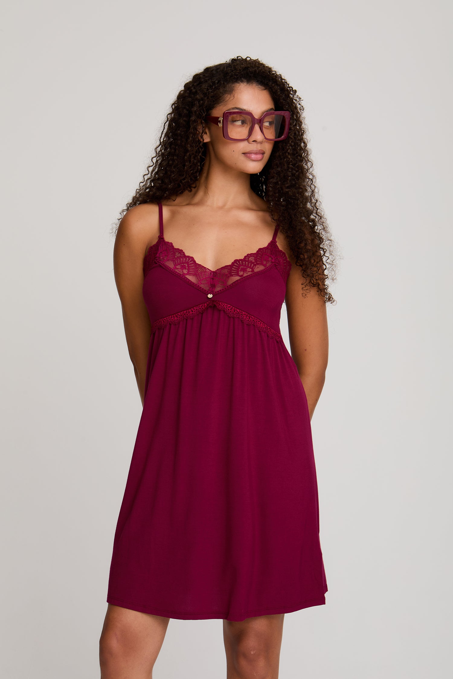 Bamboo Lace Chemise Nightdress in Bordeaux - Wholesale - Nightgowns