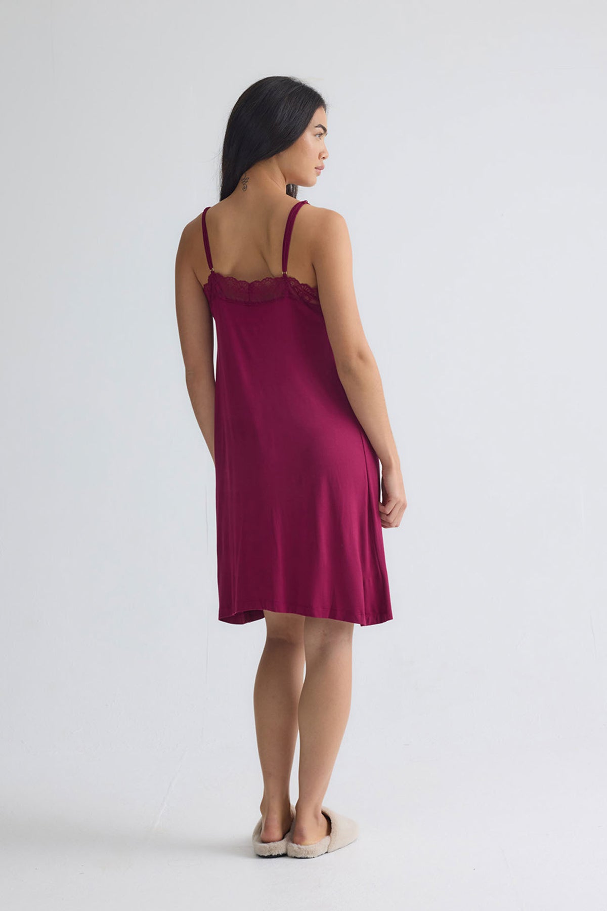 Bamboo Lace Chemise Nightdress in Bordeaux