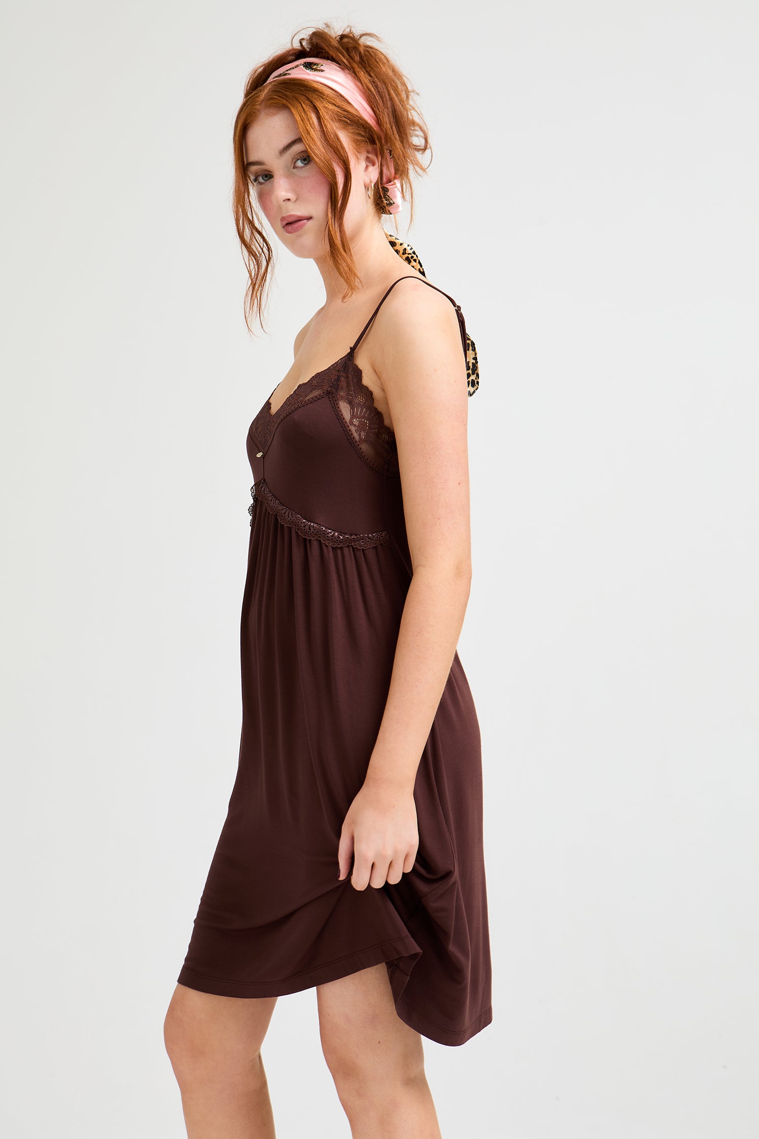 Bamboo Lace Chemise Nightdress in Chocolate