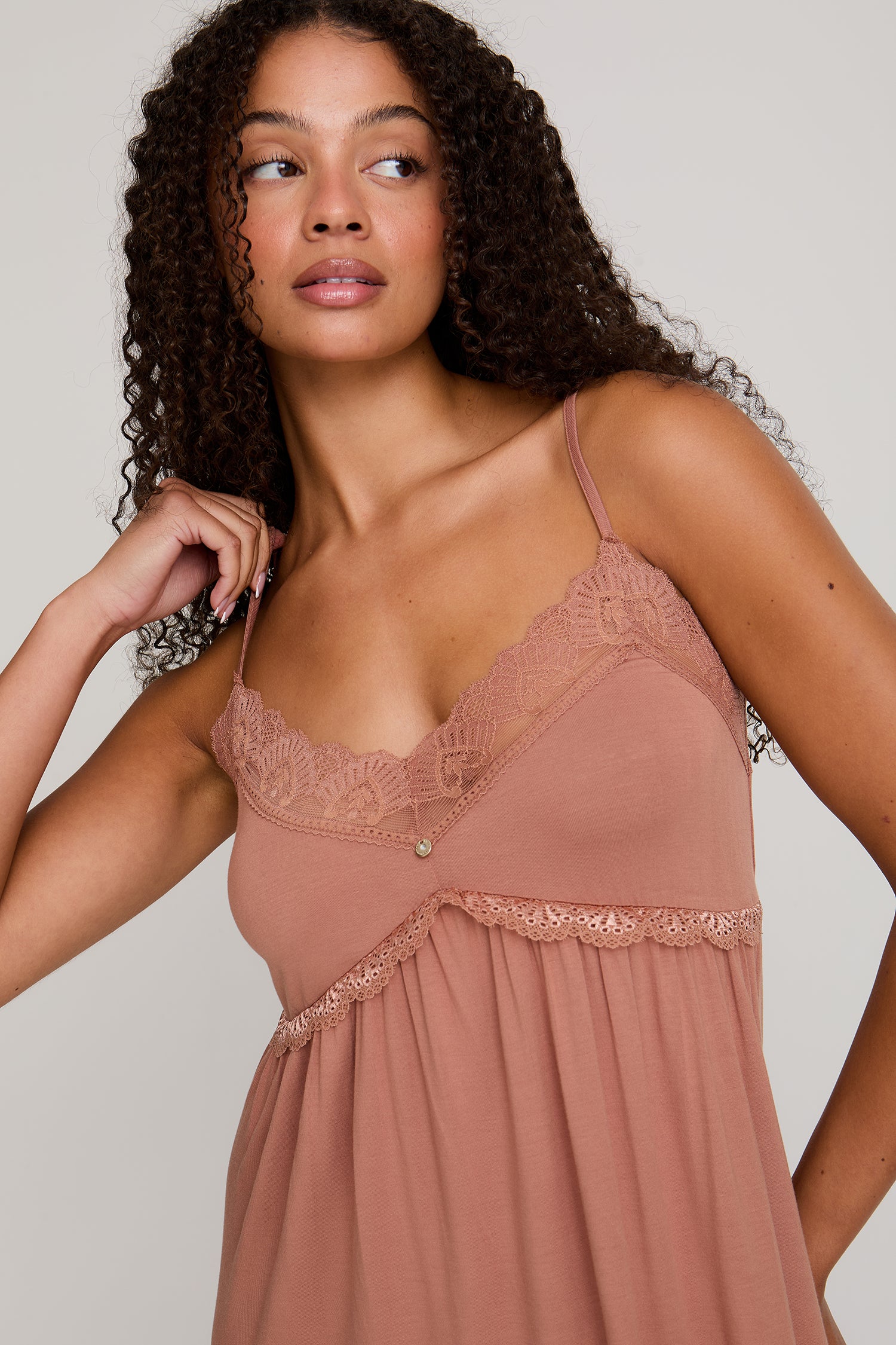 Bamboo Lace Chemise Nightdress in Mocha