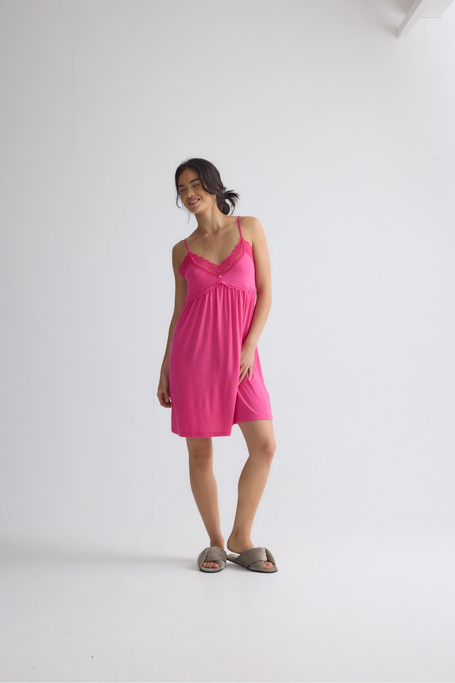 Bamboo Lace Chemise Nightdress in Raspberry