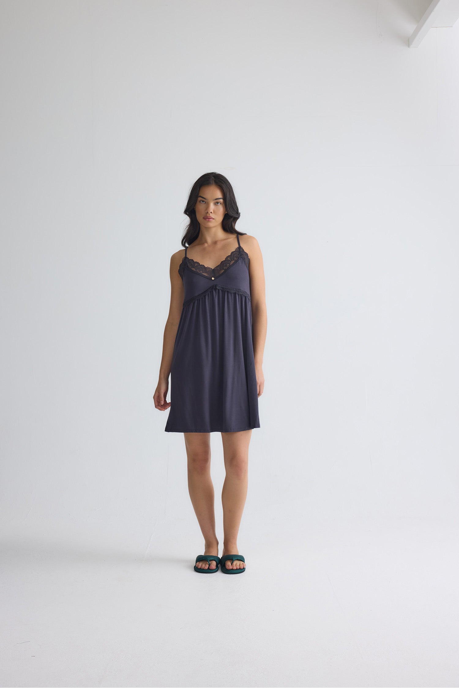 Bamboo Lace Chemise Nightdress in Raven