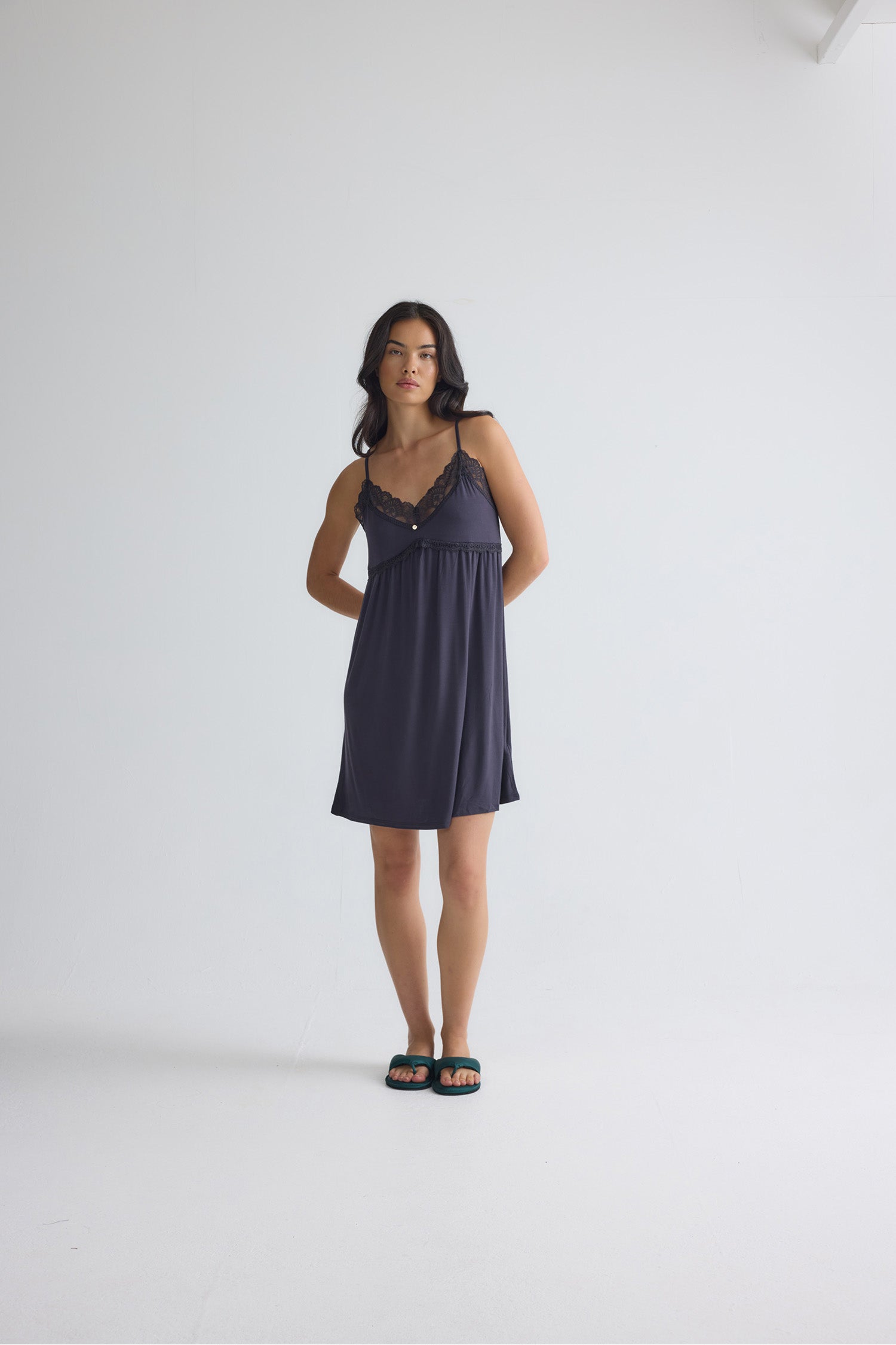 Bamboo Lace Chemise Nightdress in Raven