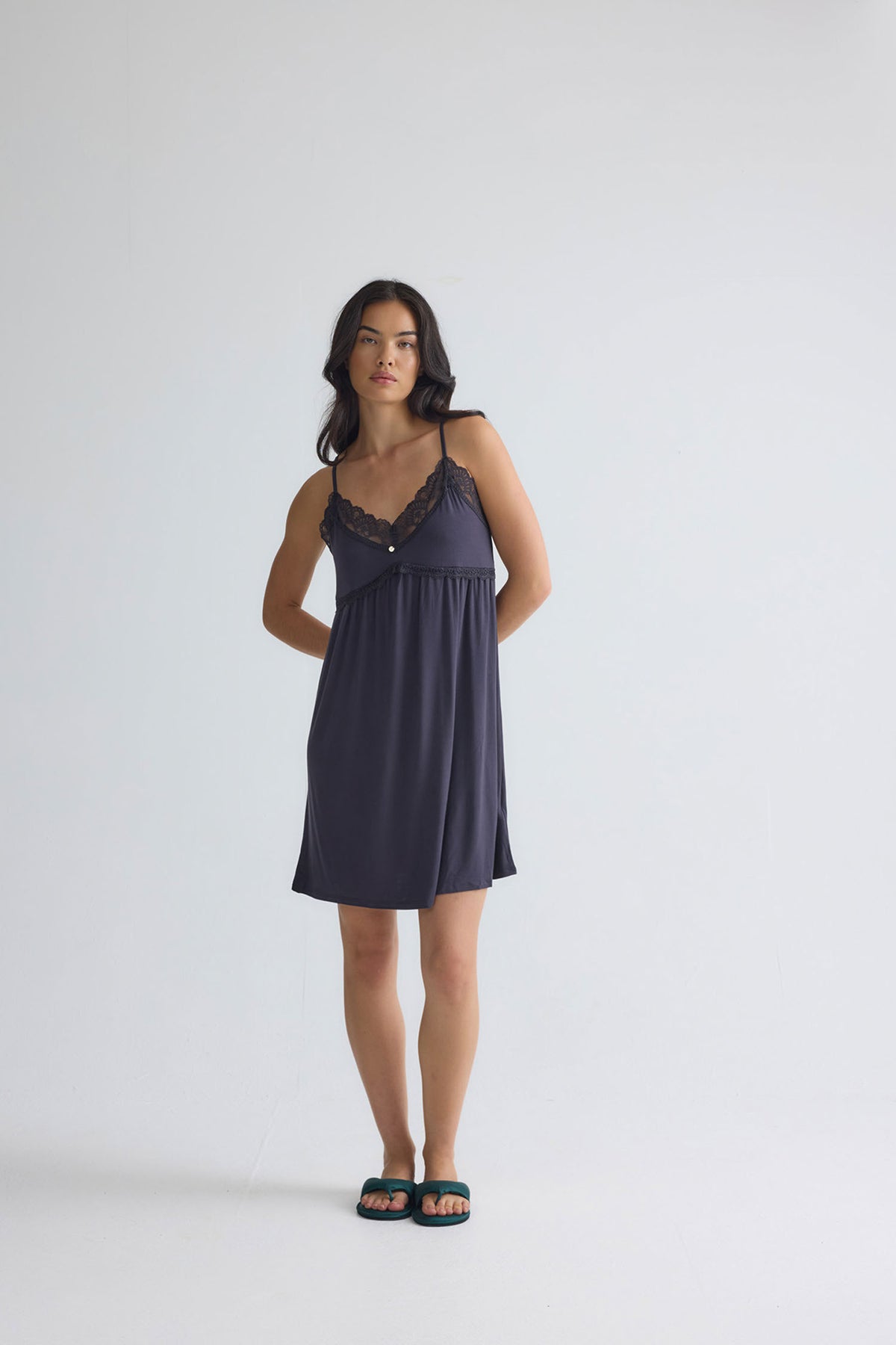 Bamboo Lace Chemise Nightdress in Raven