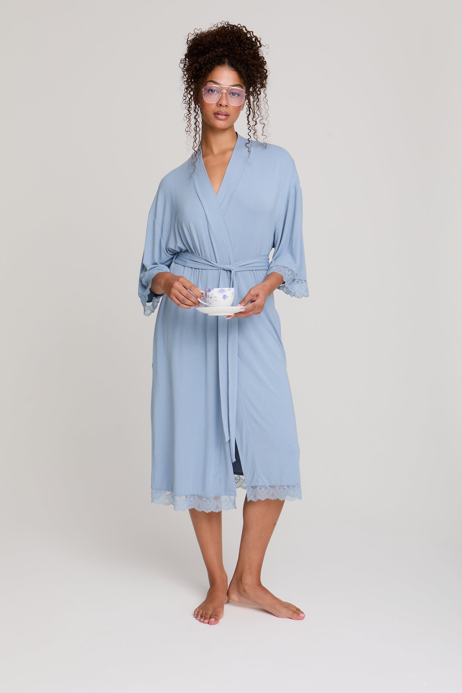 Bamboo Lace Kimono Robe in Blue Mist