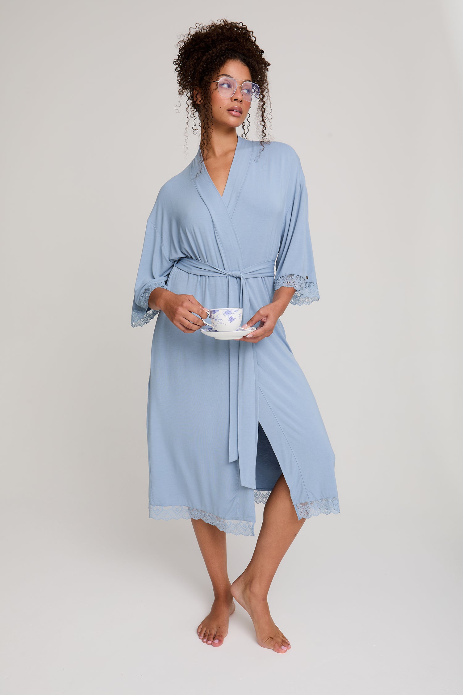 Bamboo Lace Kimono Robe in Blue Mist