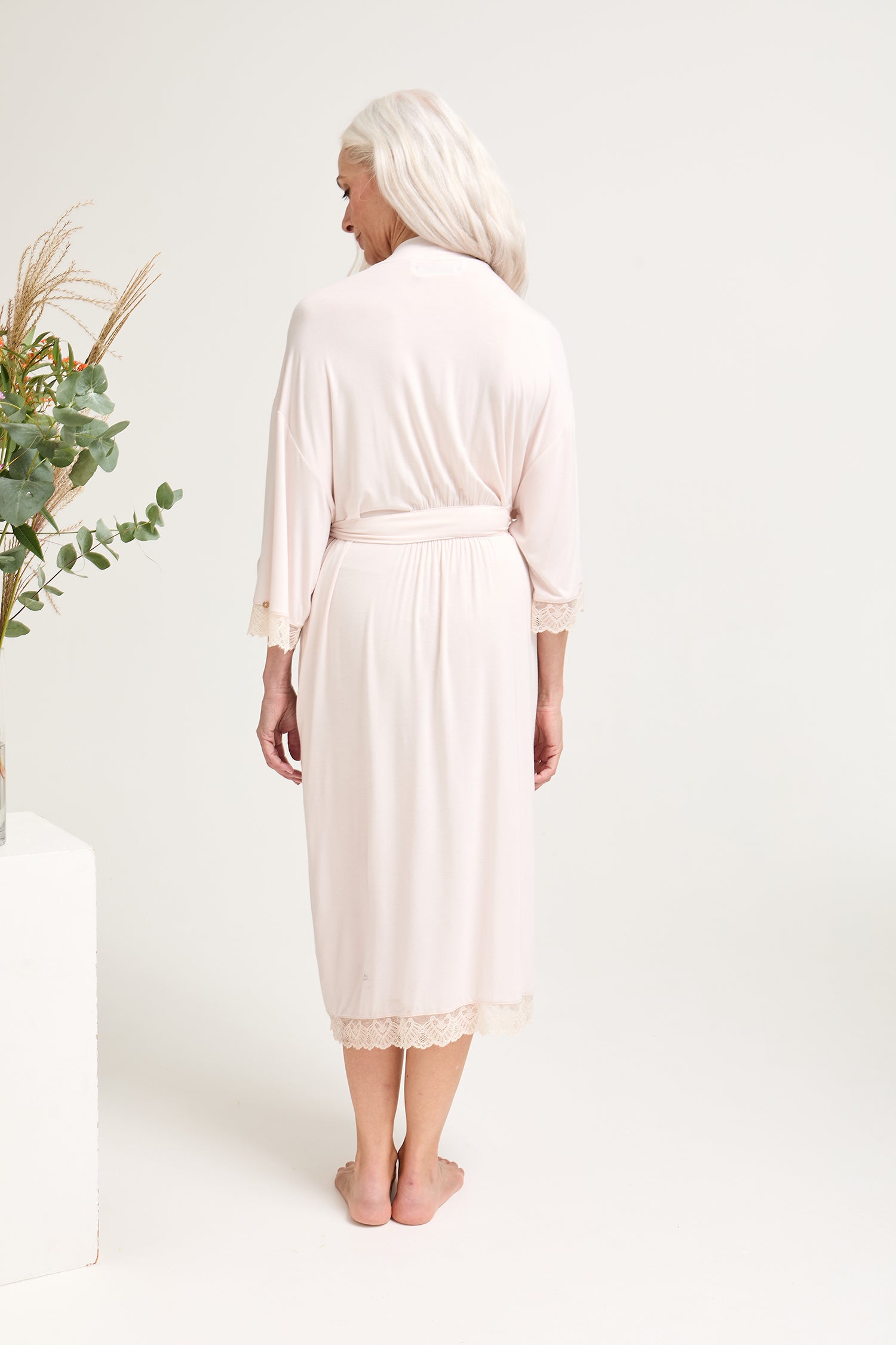 Bamboo Lace Kimono Robe in Powder Puff - Wholesale - Robes